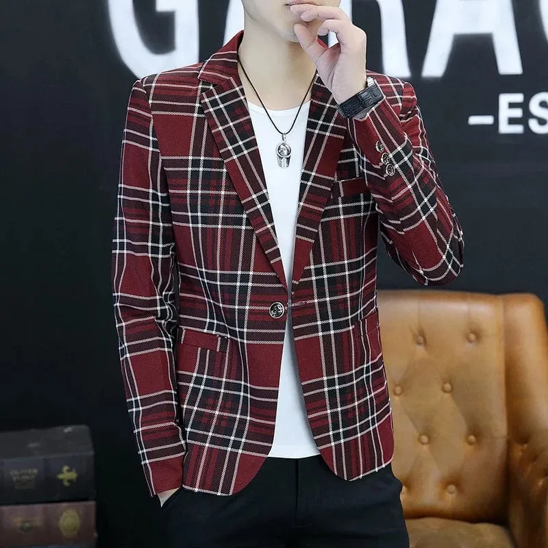 2024 Spring and Autumn New Casual Checkered Fashion Handsome Suit Men Korean Version Slim-fit Clothes Young Men's Suit Jacket