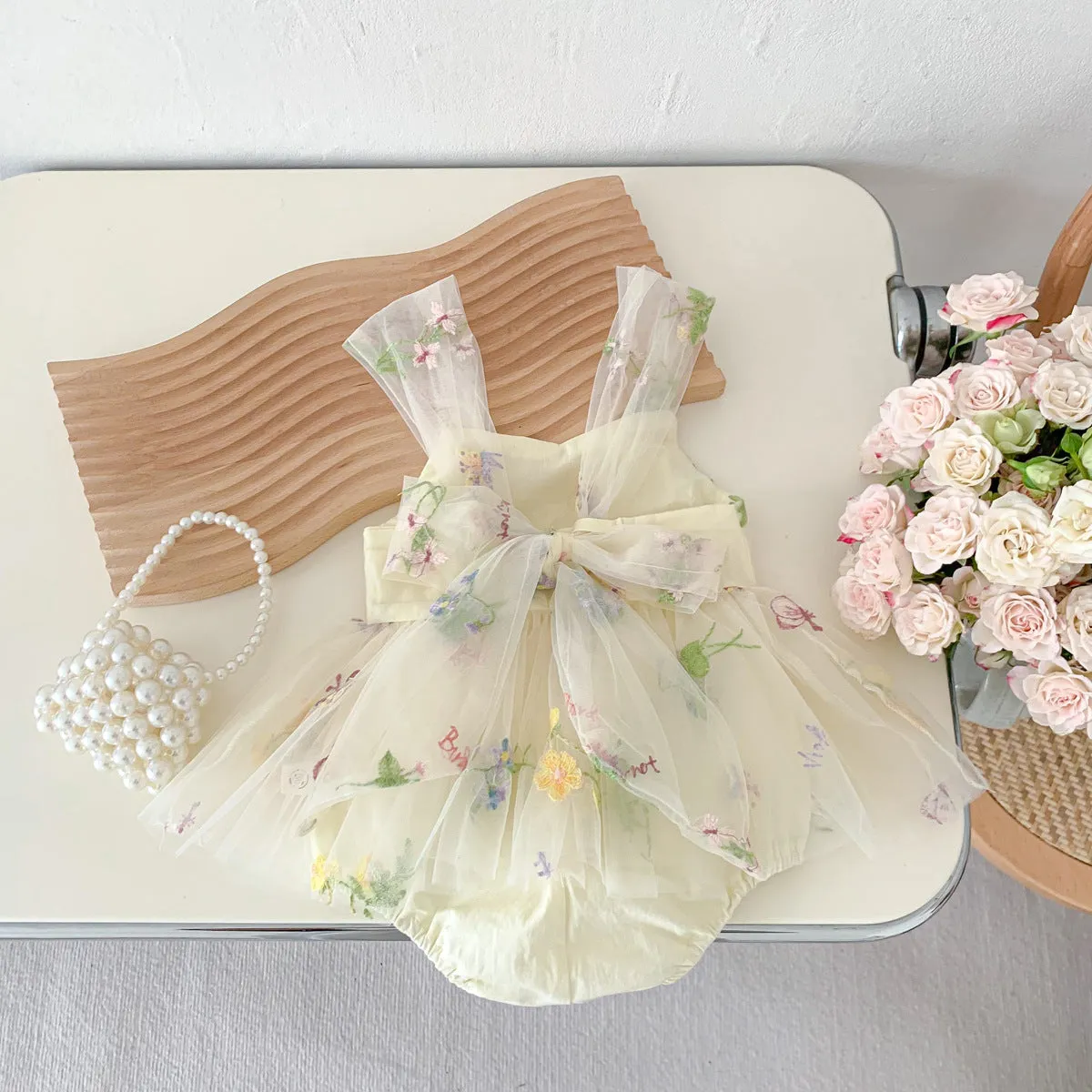 2025 Girls' Korean Style Sleeveless Jumpsuit Infant Embroidery Baby Bodysuit Mesh Princess Dress Newborn 100 Days Dress