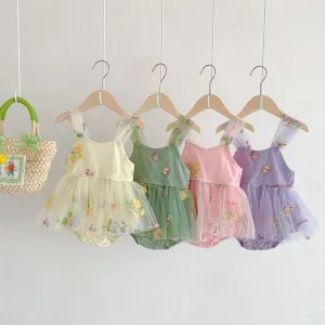 2025 Girls' Korean Style Sleeveless Jumpsuit Infant Embroidery Baby Bodysuit Mesh Princess Dress Newborn 100 Days Dress