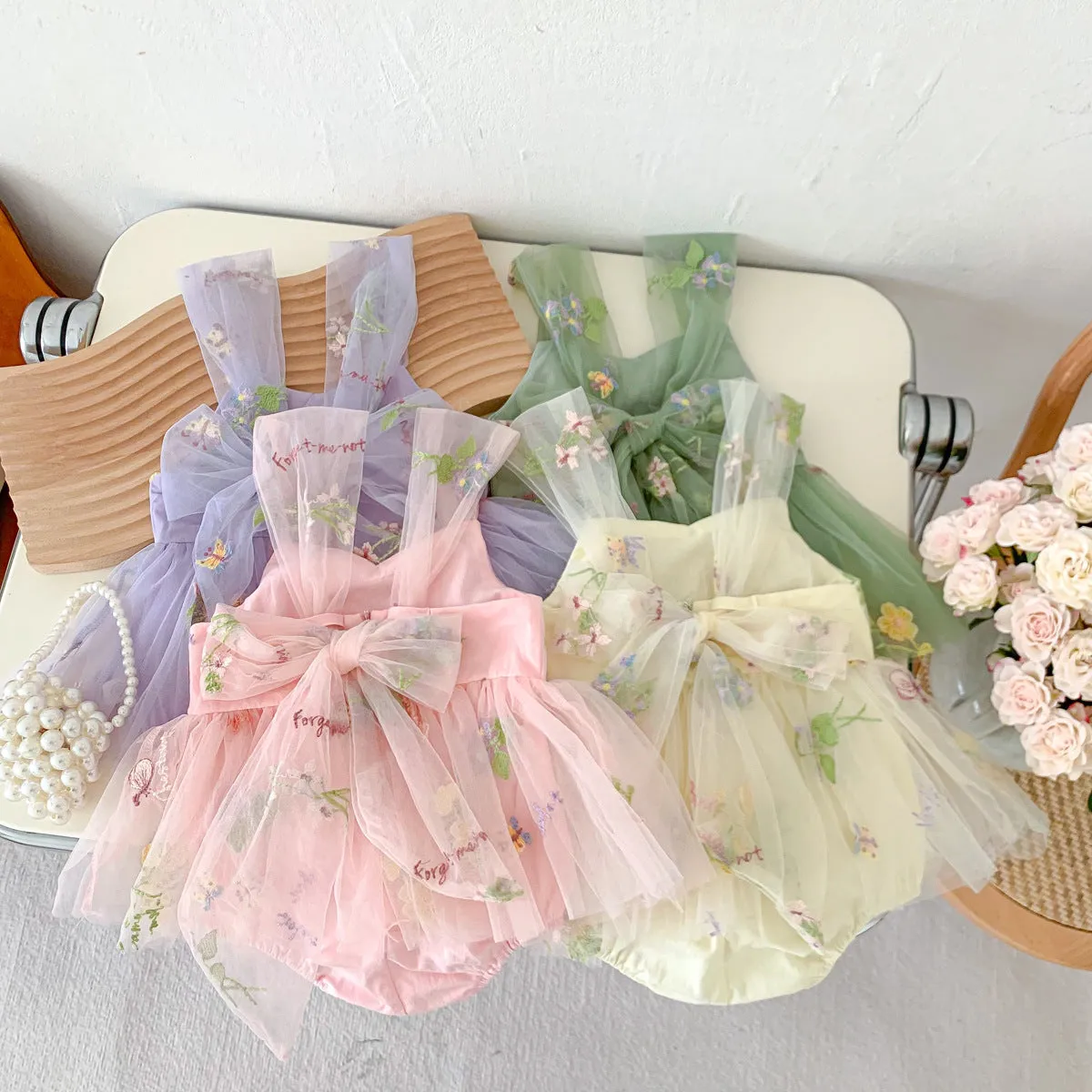 2025 Girls' Korean Style Sleeveless Jumpsuit Infant Embroidery Baby Bodysuit Mesh Princess Dress Newborn 100 Days Dress