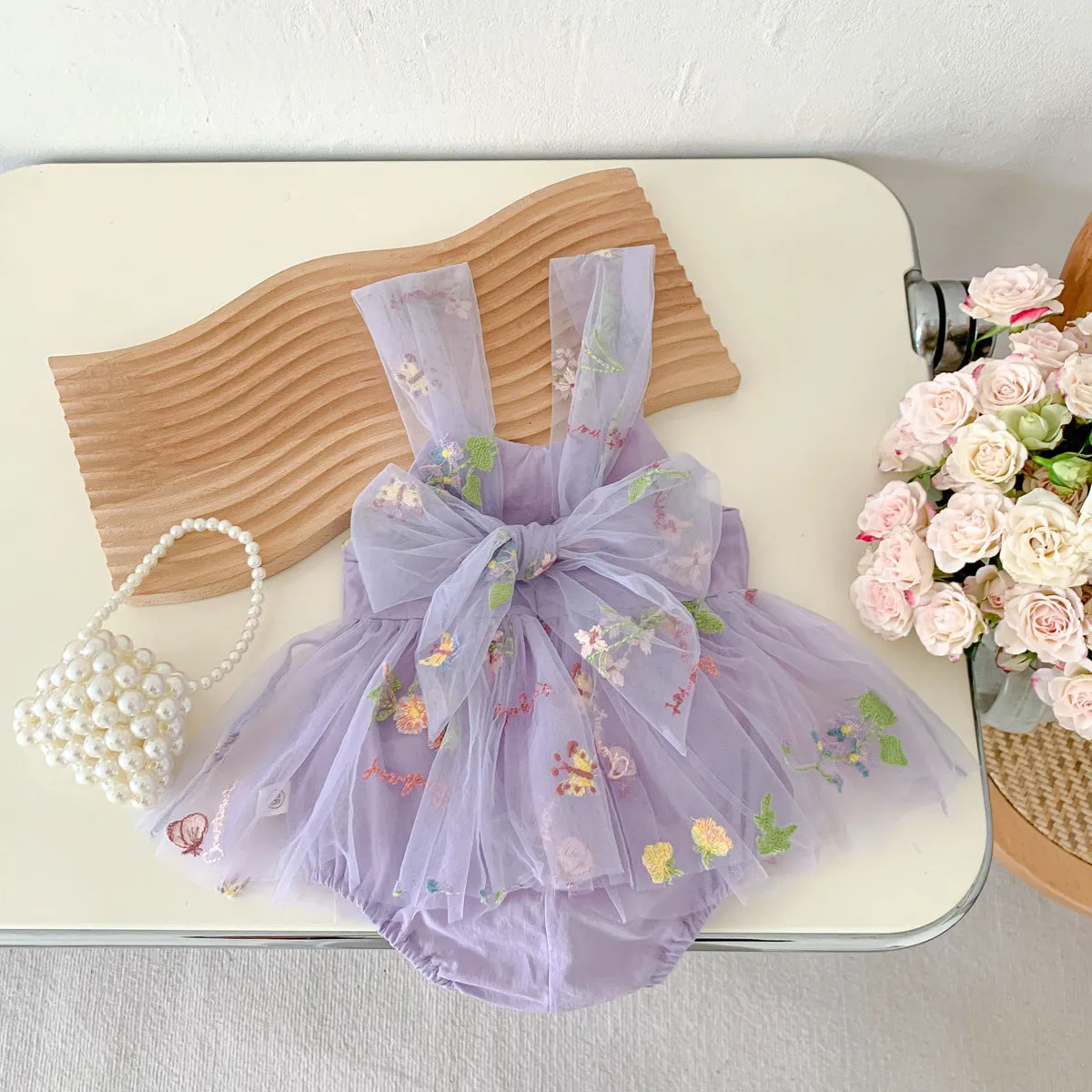 2025 Girls' Korean Style Sleeveless Jumpsuit Infant Embroidery Baby Bodysuit Mesh Princess Dress Newborn 100 Days Dress