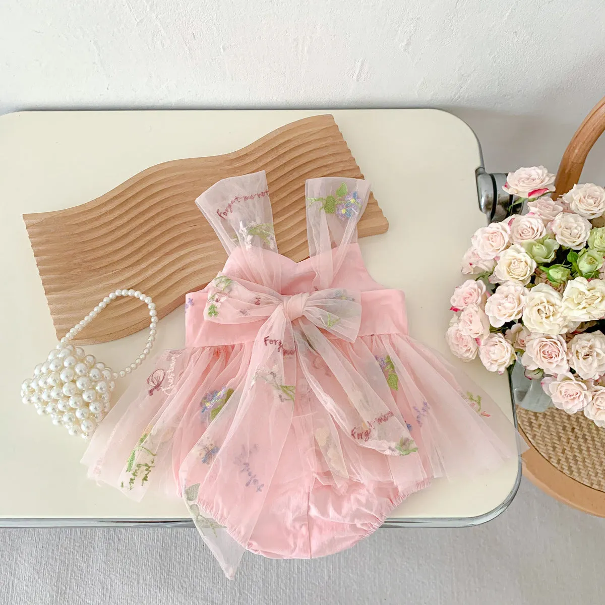 2025 Girls' Korean Style Sleeveless Jumpsuit Infant Embroidery Baby Bodysuit Mesh Princess Dress Newborn 100 Days Dress