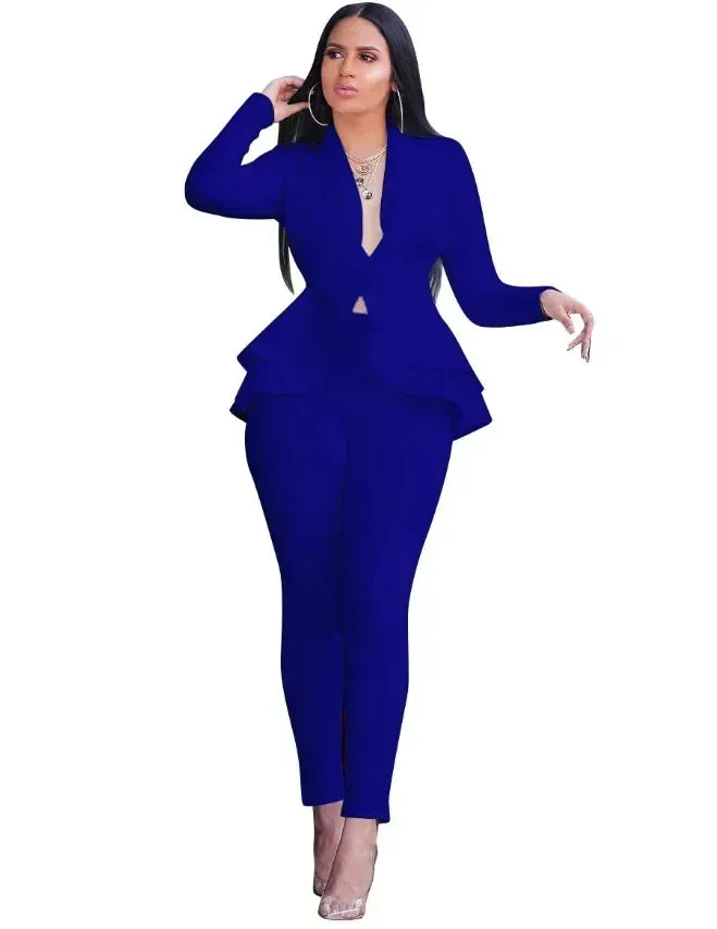 2025 Women's Formal Set 2PCS Tracksuit Full Sleeve Ruffles Blazers Pencil Pants Suit Two Piece Set Office Lady Outfits Uniform