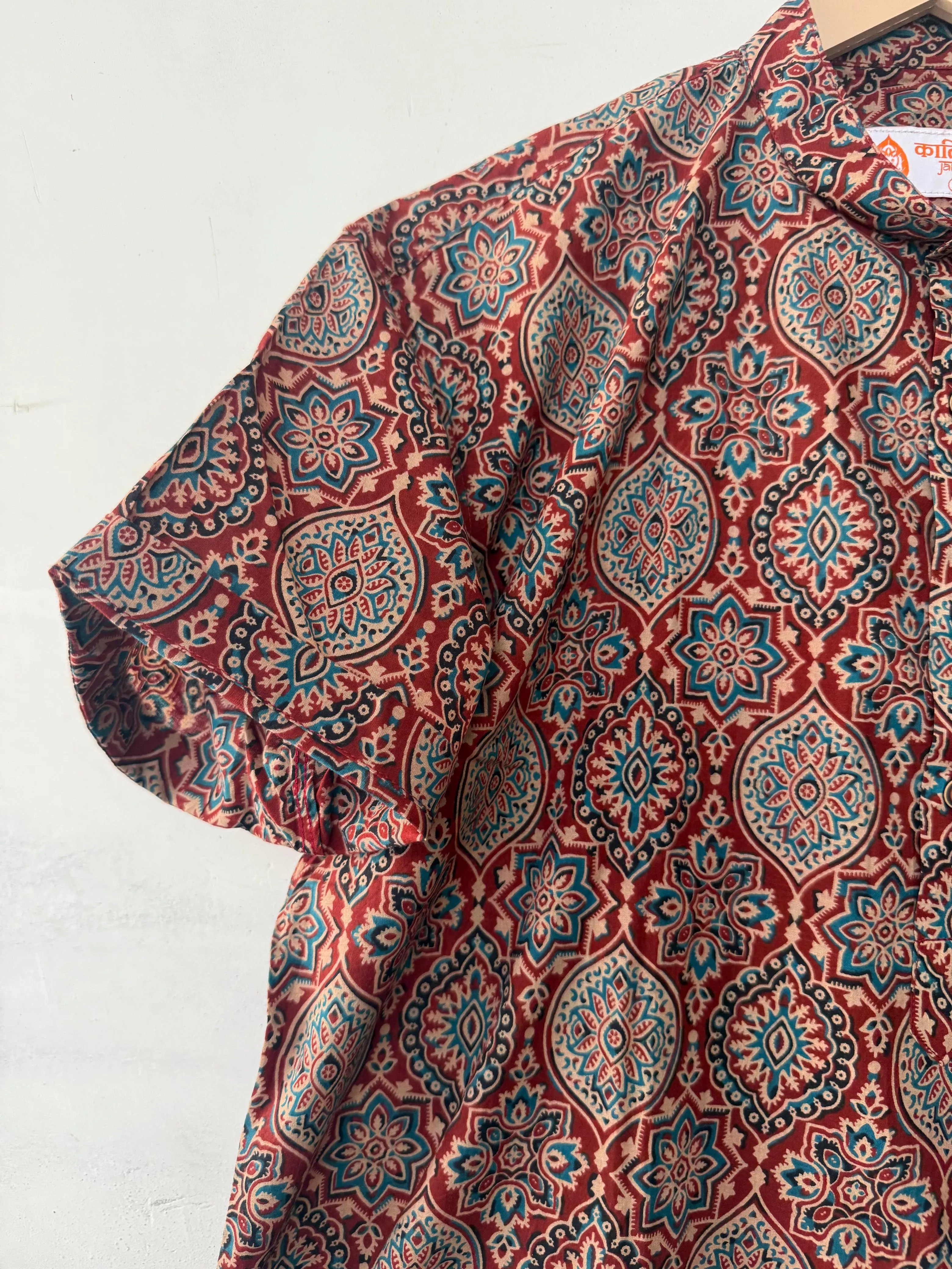 Ajrakh Print Half Sleeve Cotton Short Kurta for Men