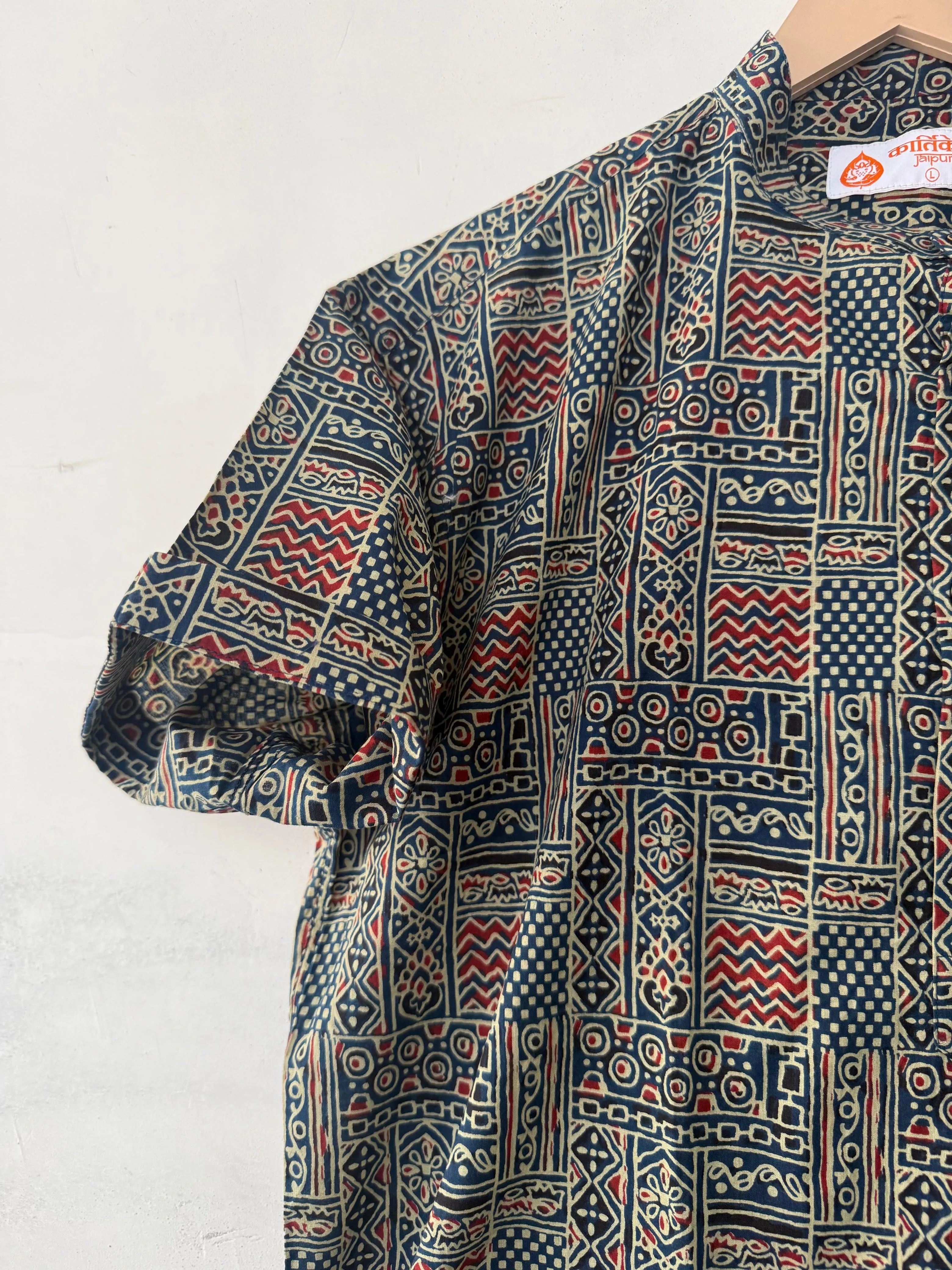 Ajrakh Print Half Sleeve Cotton Short Kurta for Men
