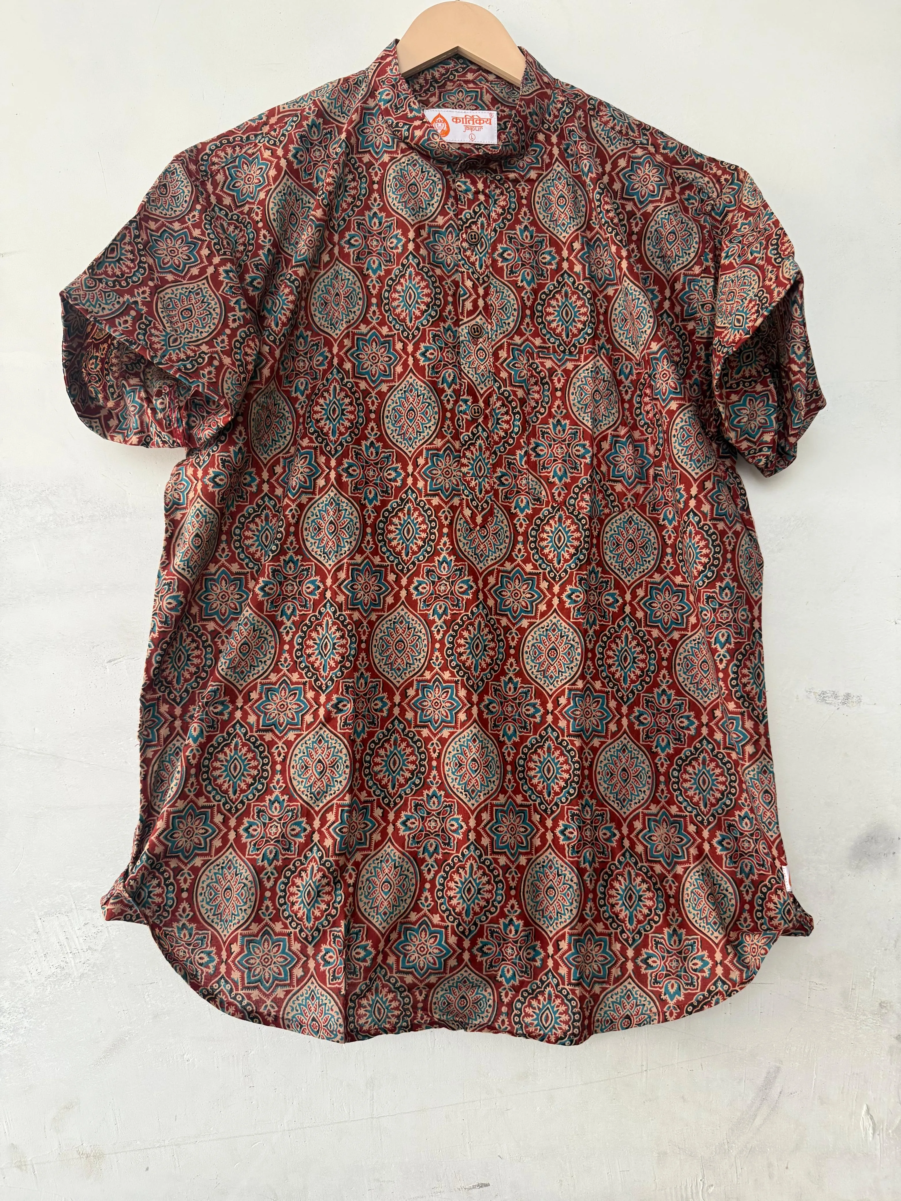 Ajrakh Print Half Sleeve Cotton Short Kurta for Men