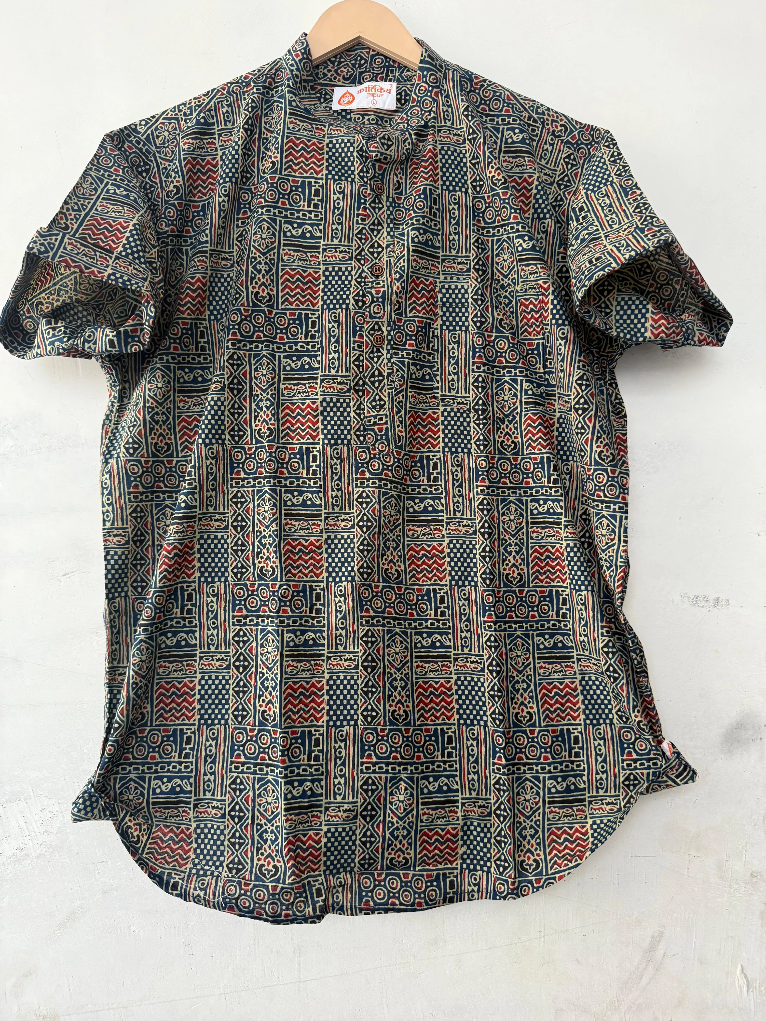 Ajrakh Print Half Sleeve Cotton Short Kurta for Men