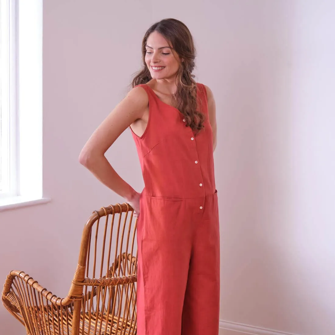 Amber Cotton & Linen Relaxed Jumpsuit | Red