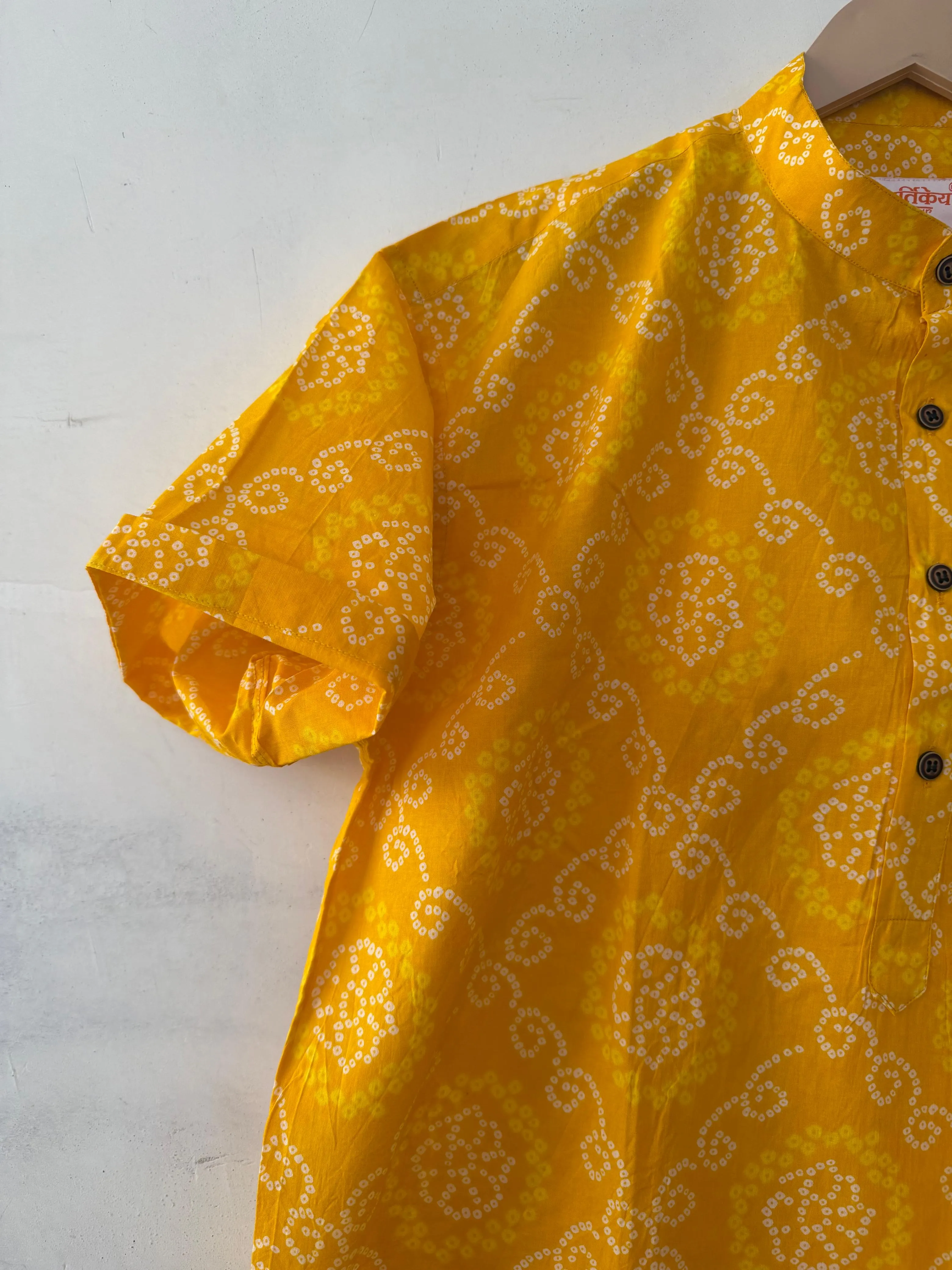 Bandhej Print Half Sleeve Short Kurta for Men - Haldi Ceremony