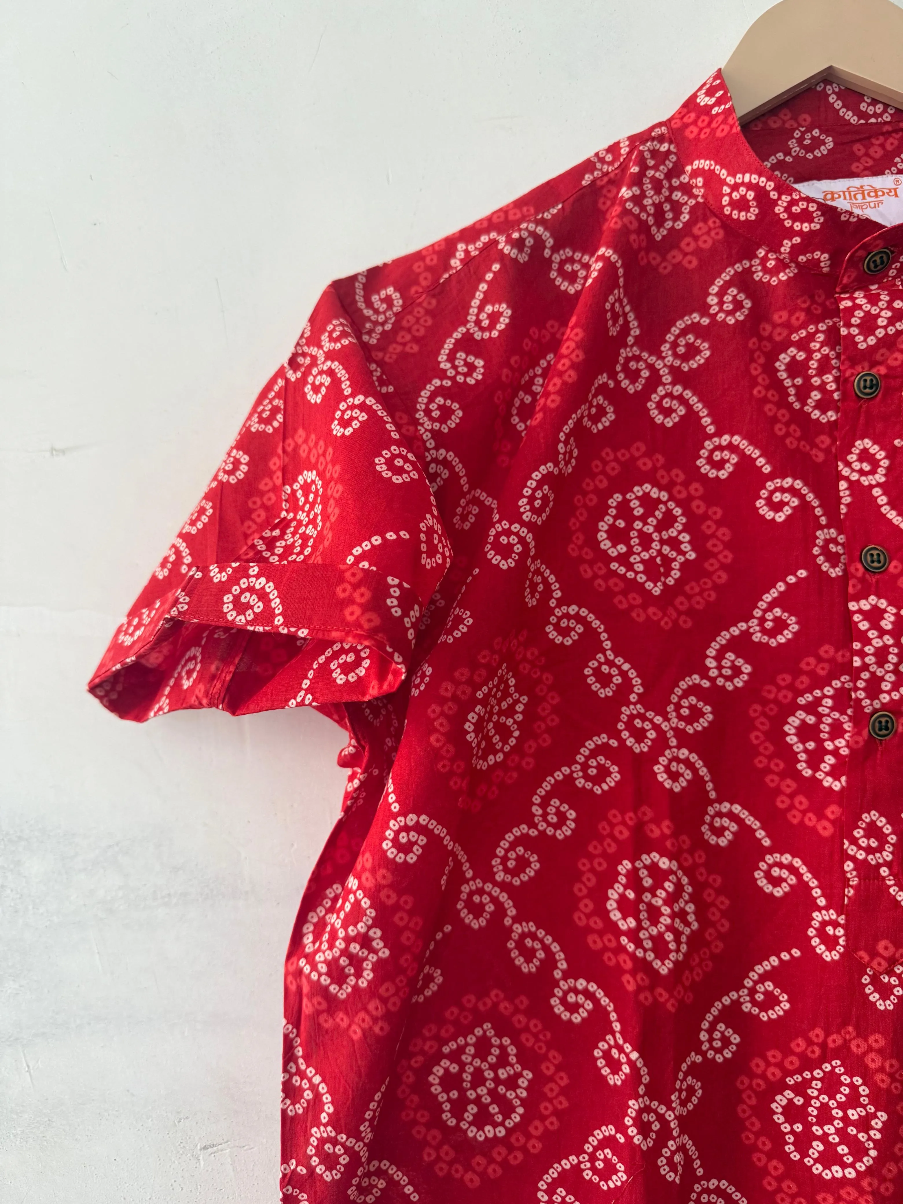 Bandhej Print Half Sleeve Short Kurta for Men - ROKA Ceremony