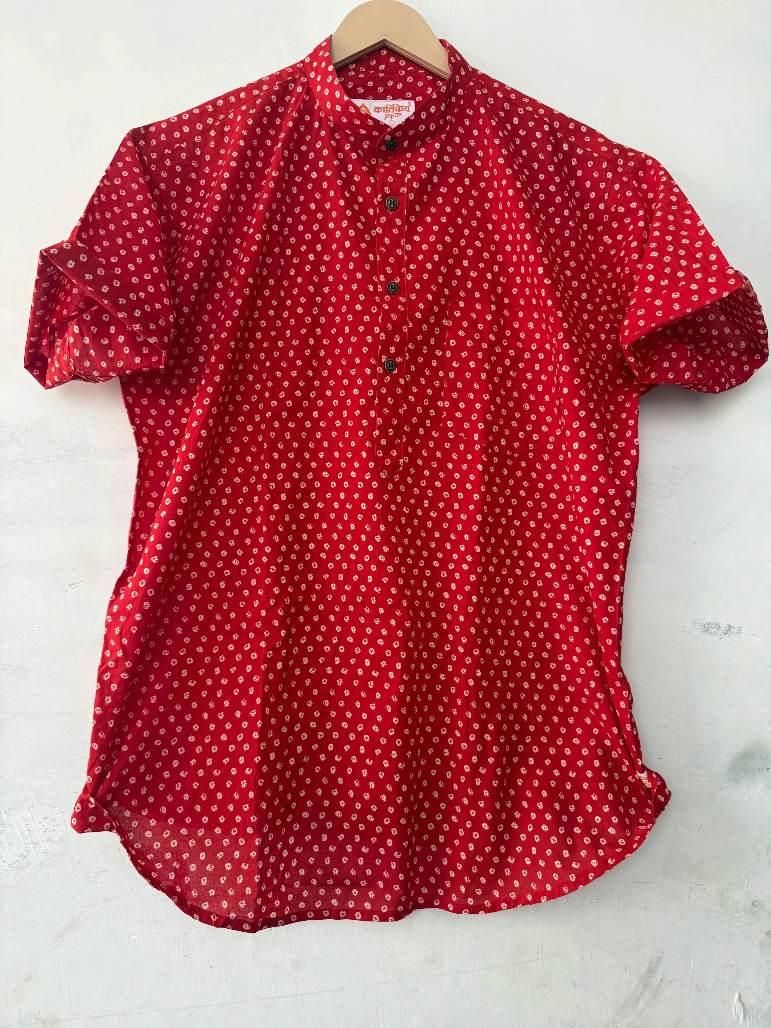 Bandhej Print Half Sleeve Short Kurta for Men - ROKA Ceremony
