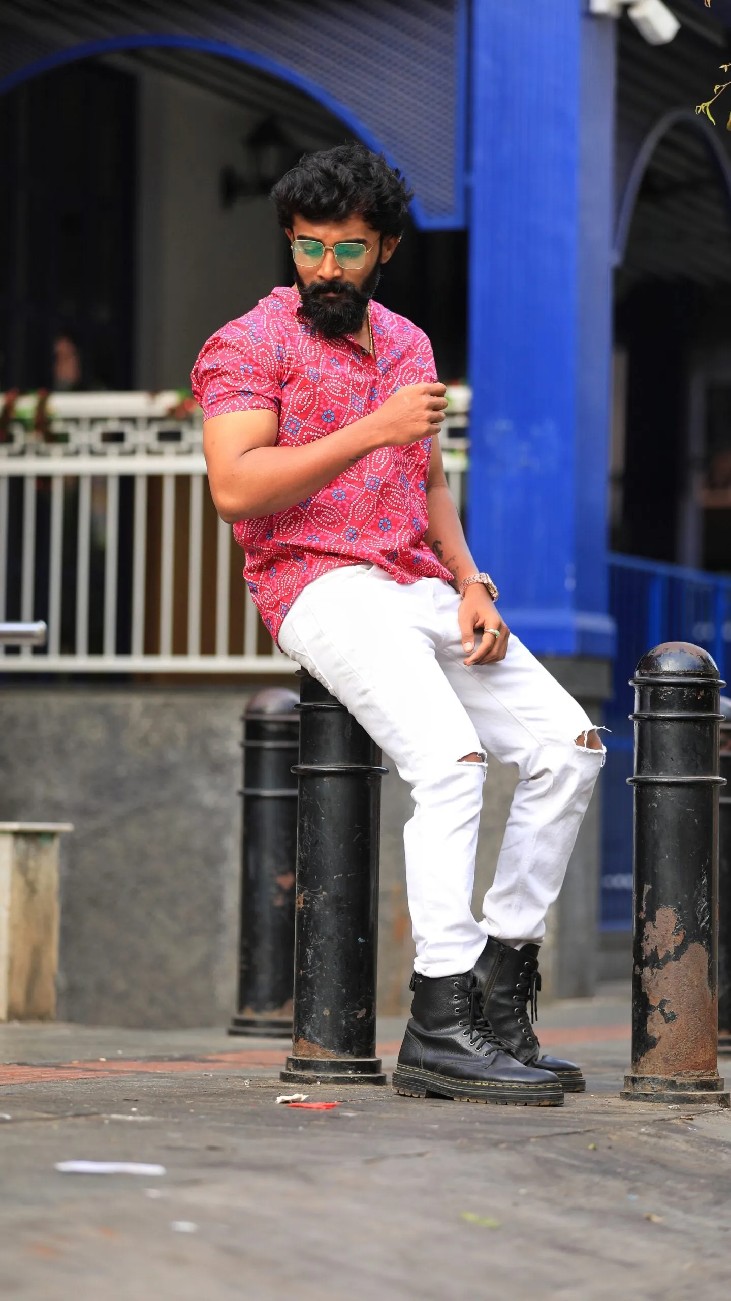 Bandhej Print Half Sleeve Short Kurta for Men