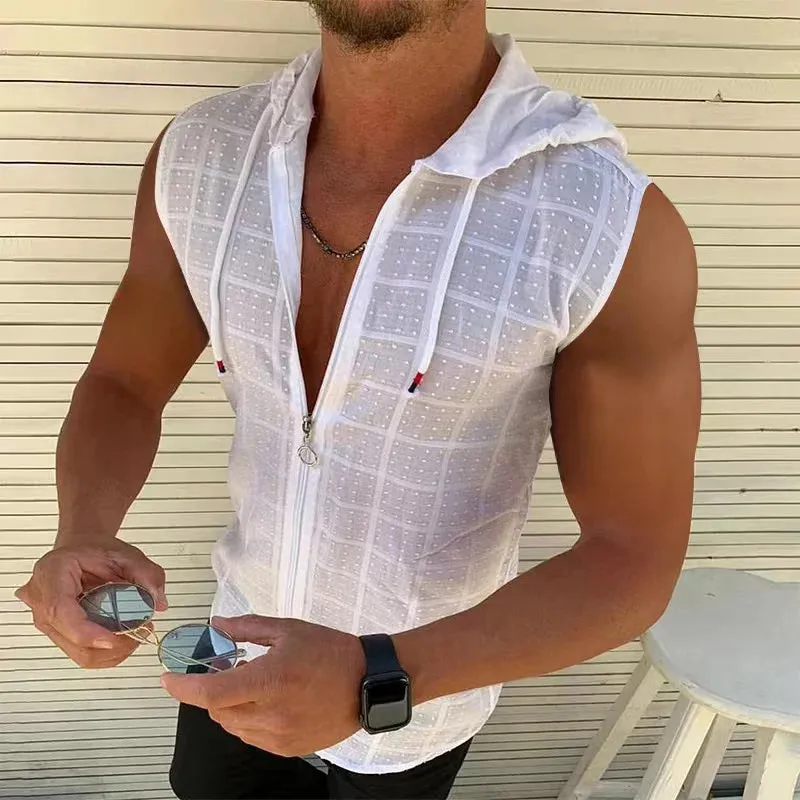 BeachHero Herrenmode Sommer Beach Wind Ärmelloses Reißverschluss-Kapuzen-T-Shirt