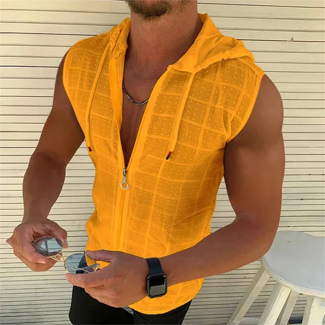 BeachHero Herrenmode Sommer Beach Wind Ärmelloses Reißverschluss-Kapuzen-T-Shirt