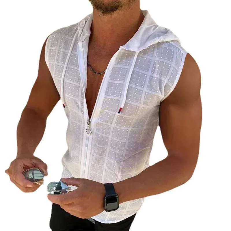 BeachHero Herrenmode Sommer Beach Wind Ärmelloses Reißverschluss-Kapuzen-T-Shirt