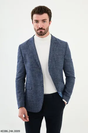 Blue Textured Slim Fit Two-Button Blazer