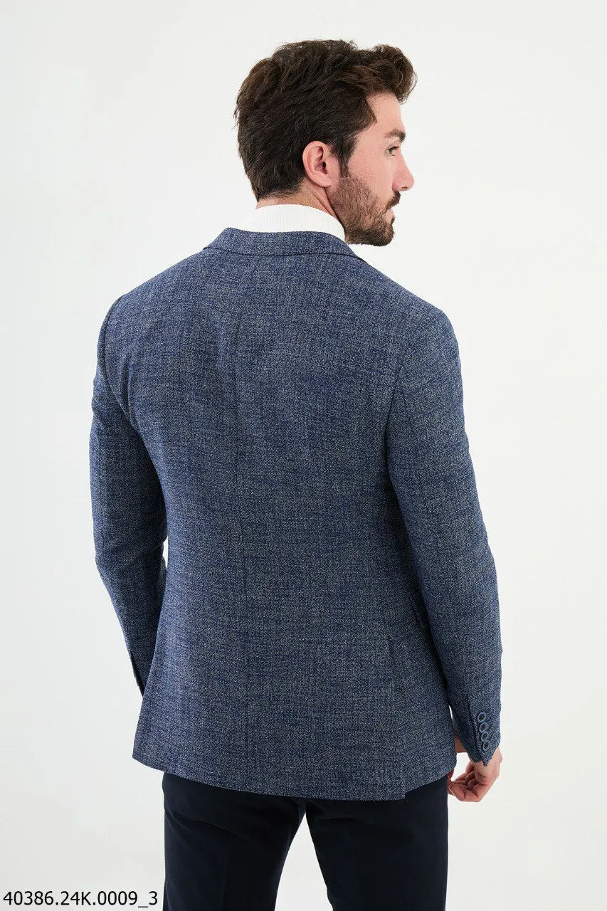 Blue Textured Slim Fit Two-Button Blazer