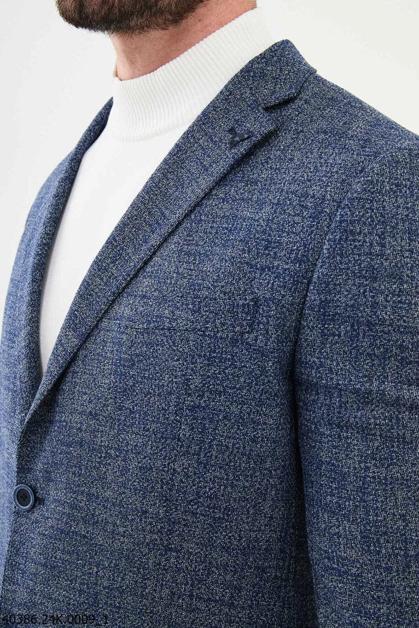 Blue Textured Slim Fit Two-Button Blazer