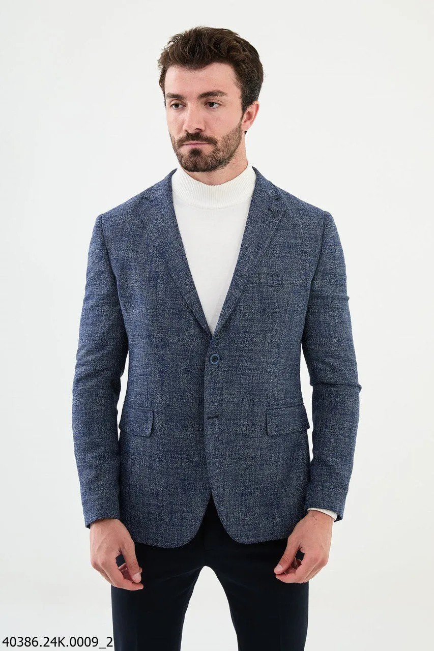 Blue Textured Slim Fit Two-Button Blazer