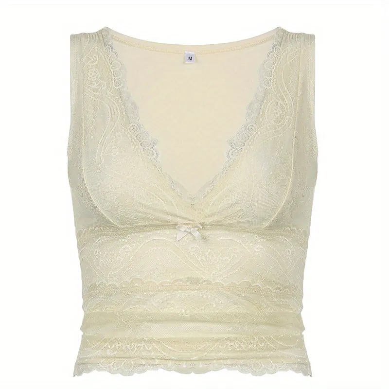 Chic Summer Y2K V-Neck Tank Top with Feminine Lace Stitching - Easy-Care, Comfy Bow Detail Sleeveless Top for Women