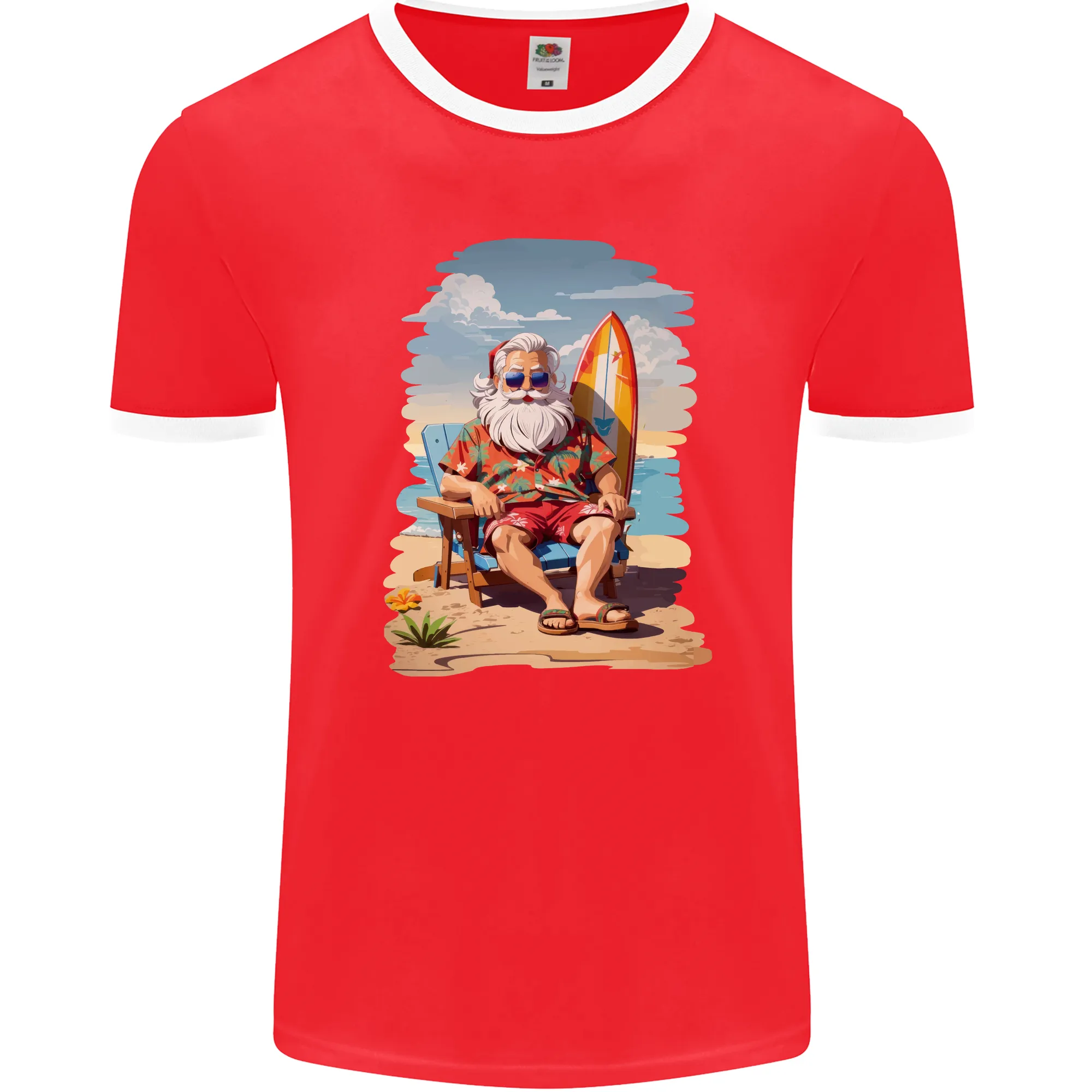 Christmas Santa With Surfboard Xmas Surfing Mens Ringer T-Shirt FotL
