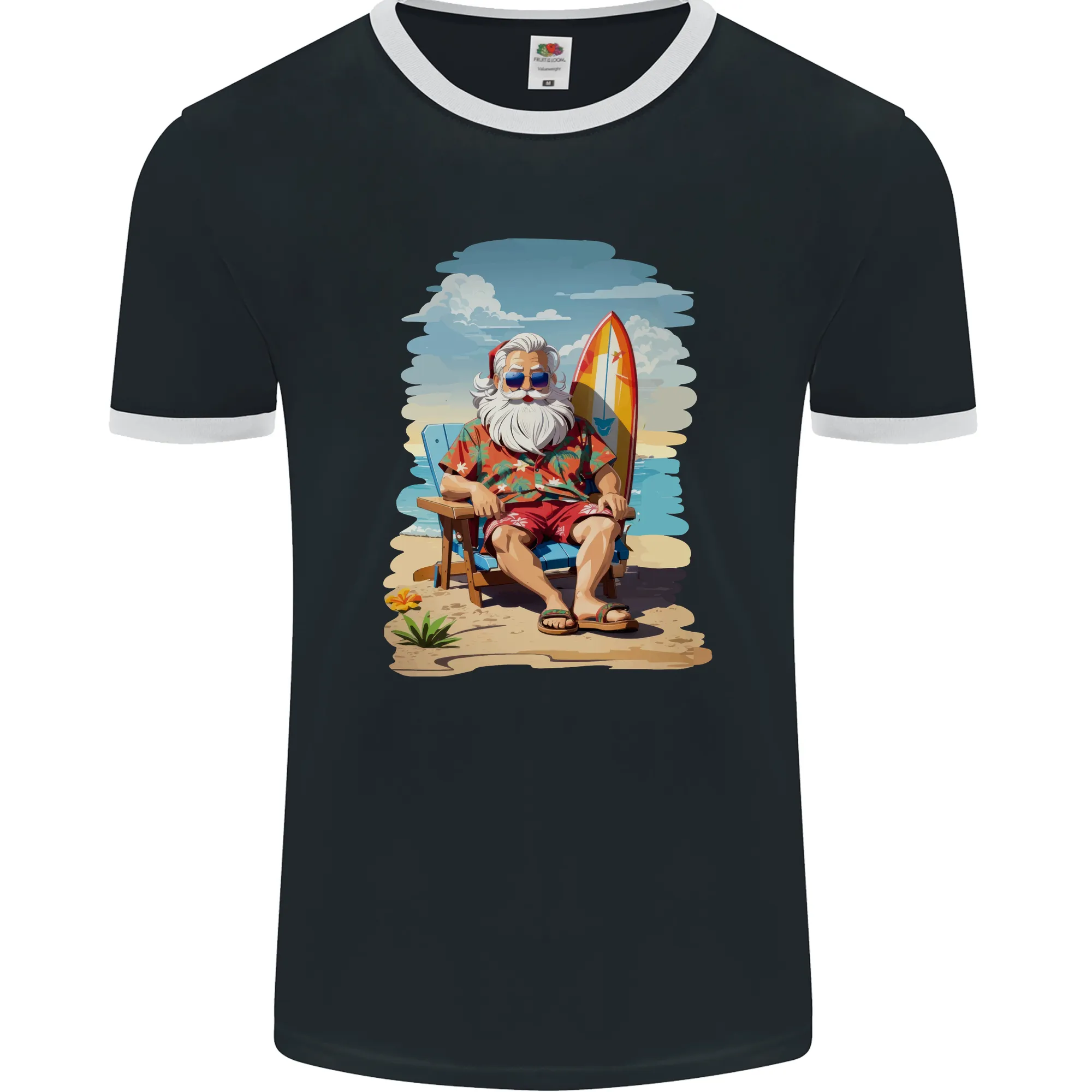 Christmas Santa With Surfboard Xmas Surfing Mens Ringer T-Shirt FotL
