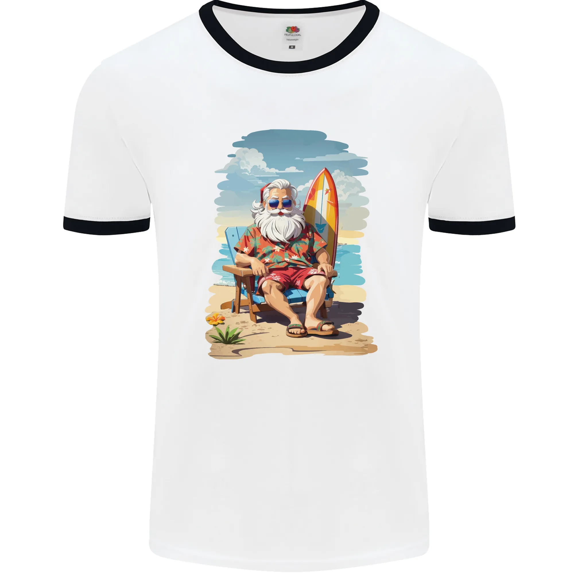 Christmas Santa With Surfboard Xmas Surfing Mens Ringer T-Shirt