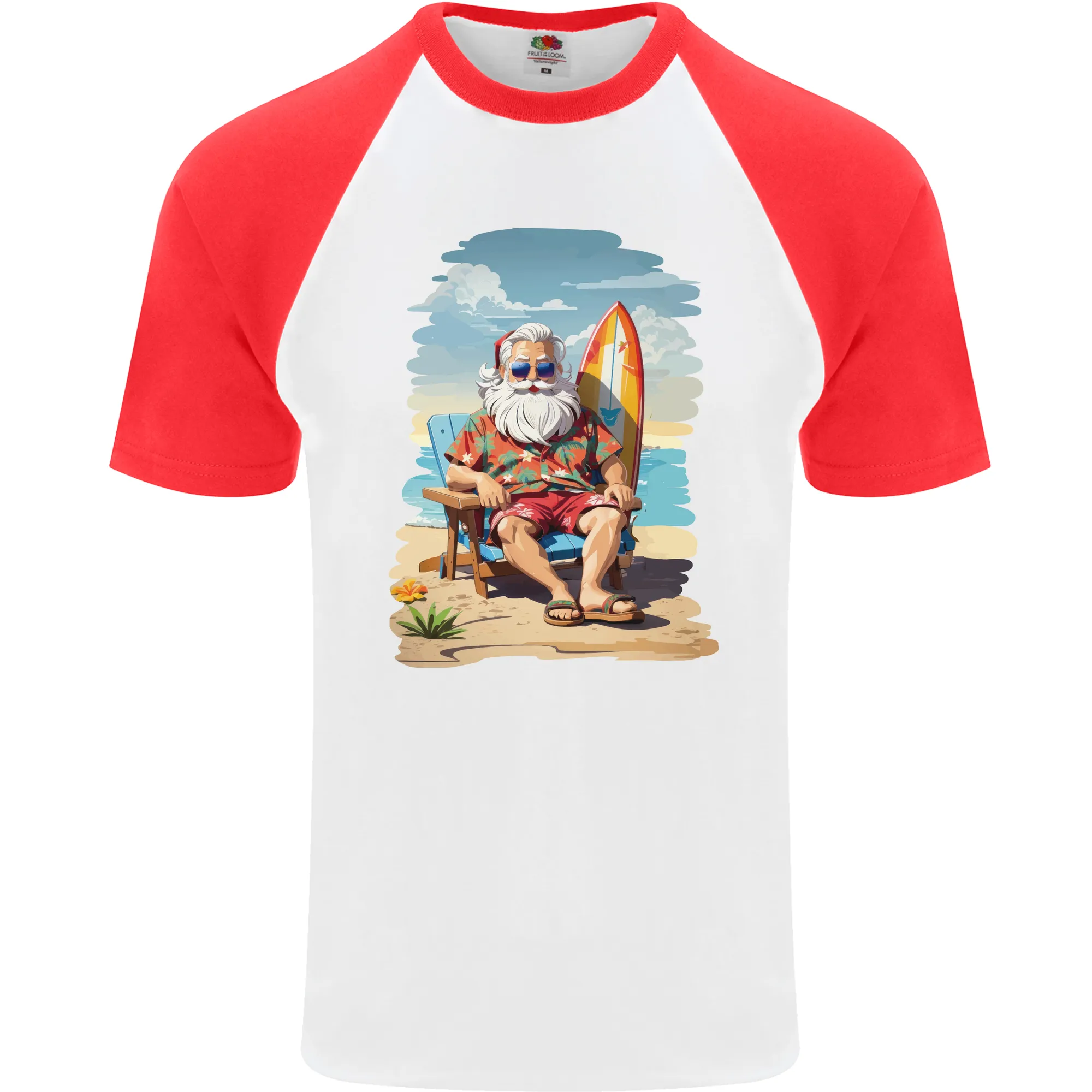 Christmas Santa With Surfboard Xmas Surfing Mens S/S Baseball T-Shirt