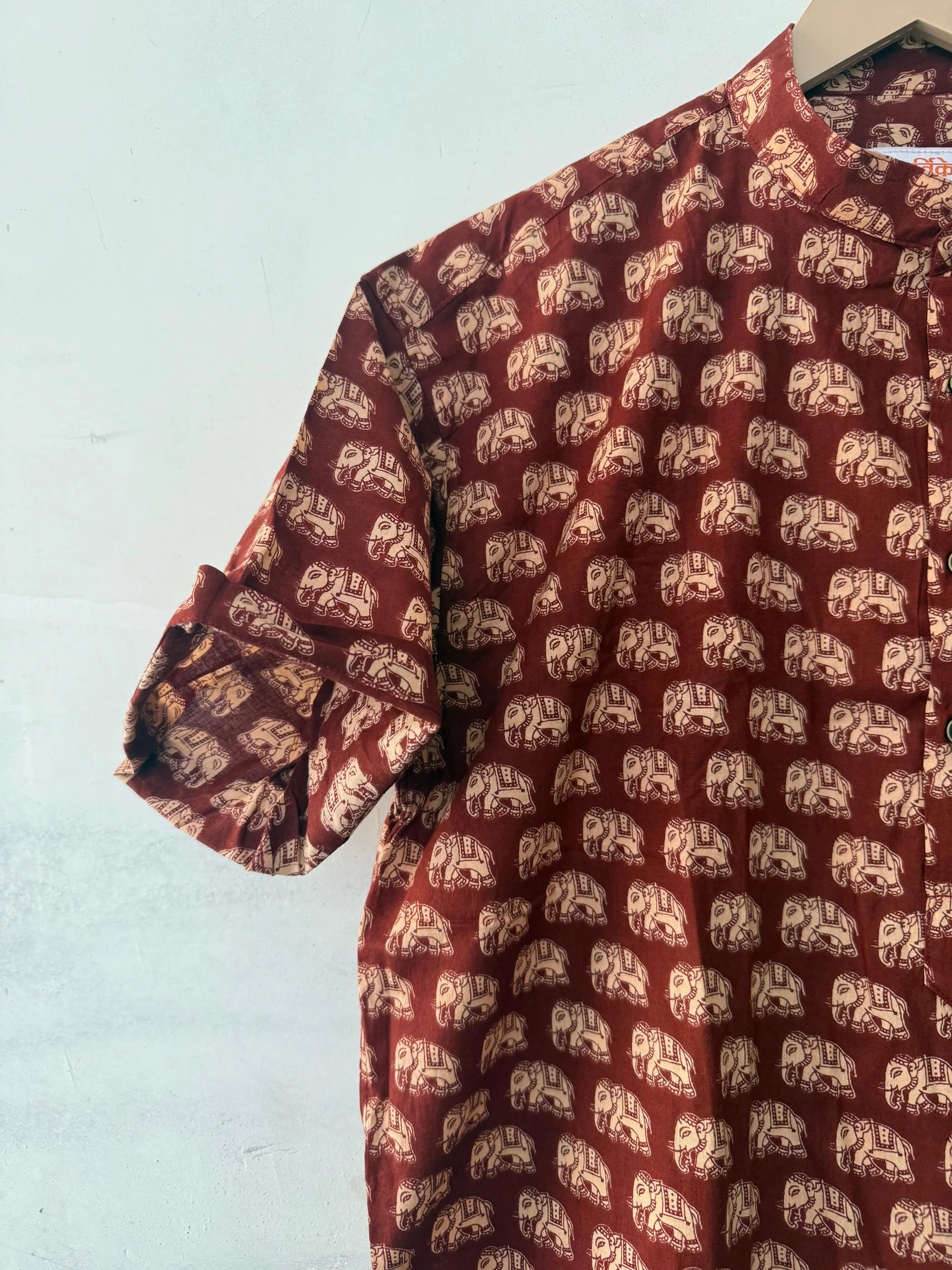 Cute Elephant Print Half Sleeve Cotton Short Kurta for Men