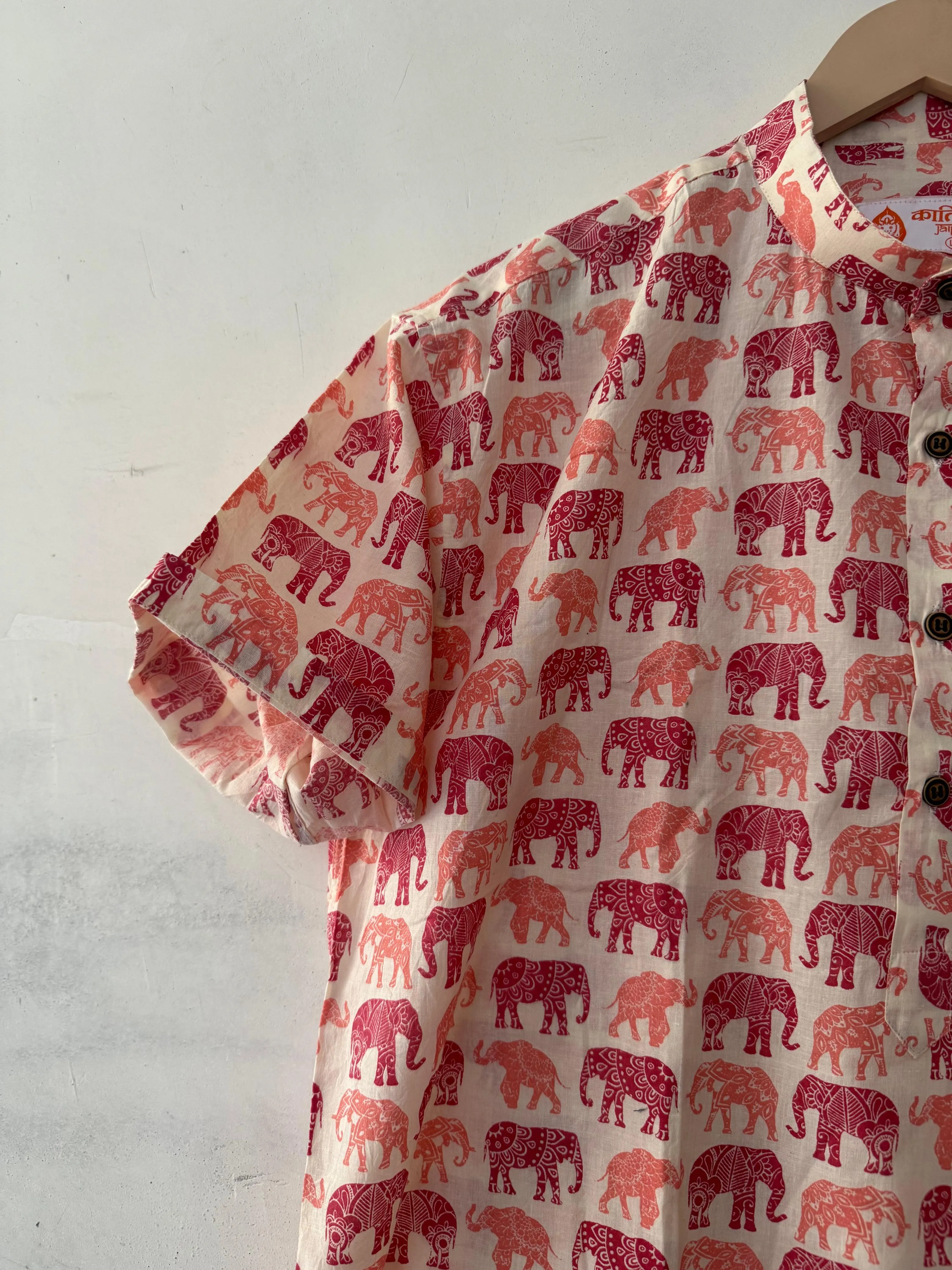 Cute Elephant Print Half Sleeve Cotton Short Kurta for Men
