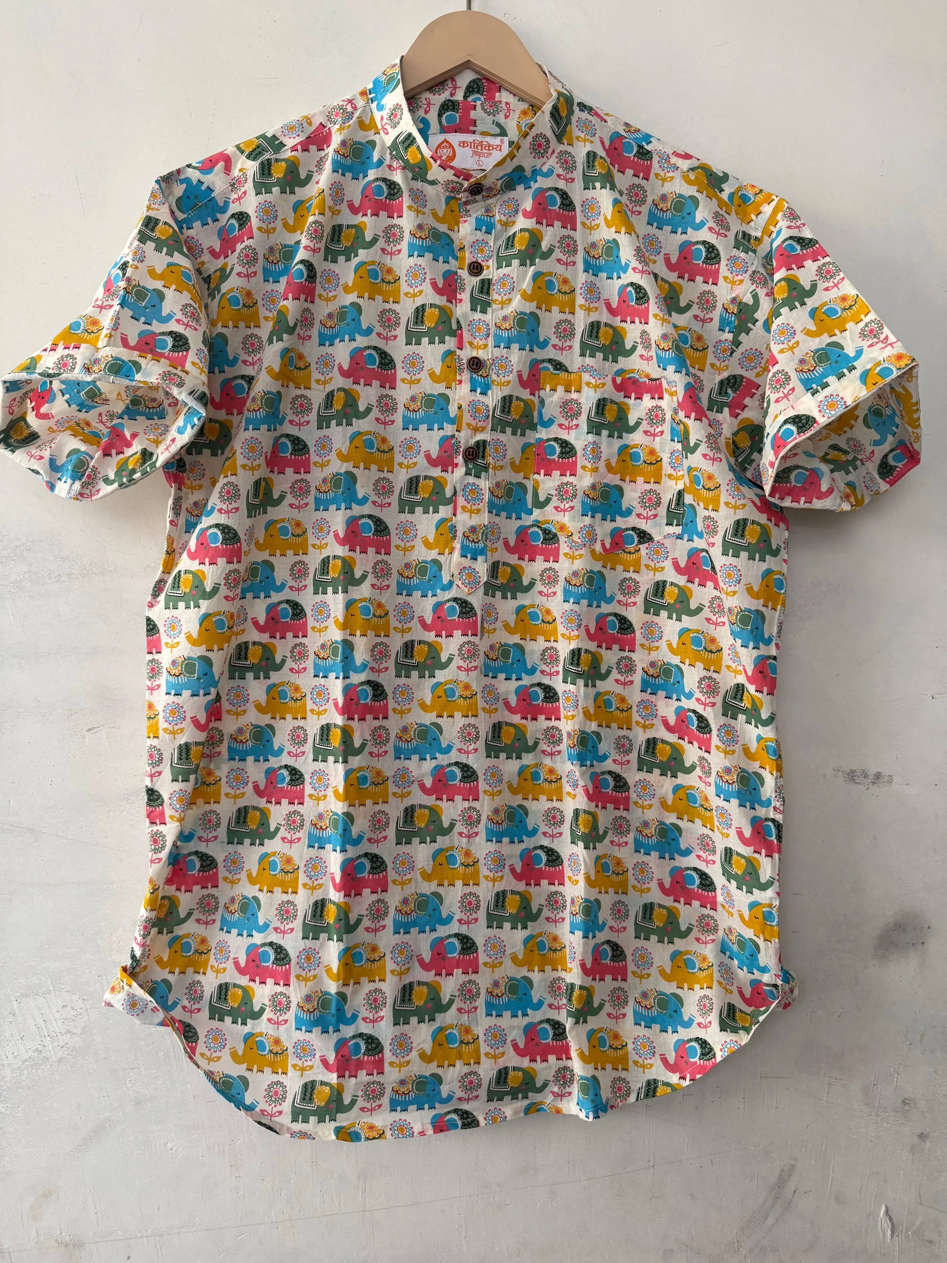 Cute Elephant Print Half Sleeve Cotton Short Kurta for Men