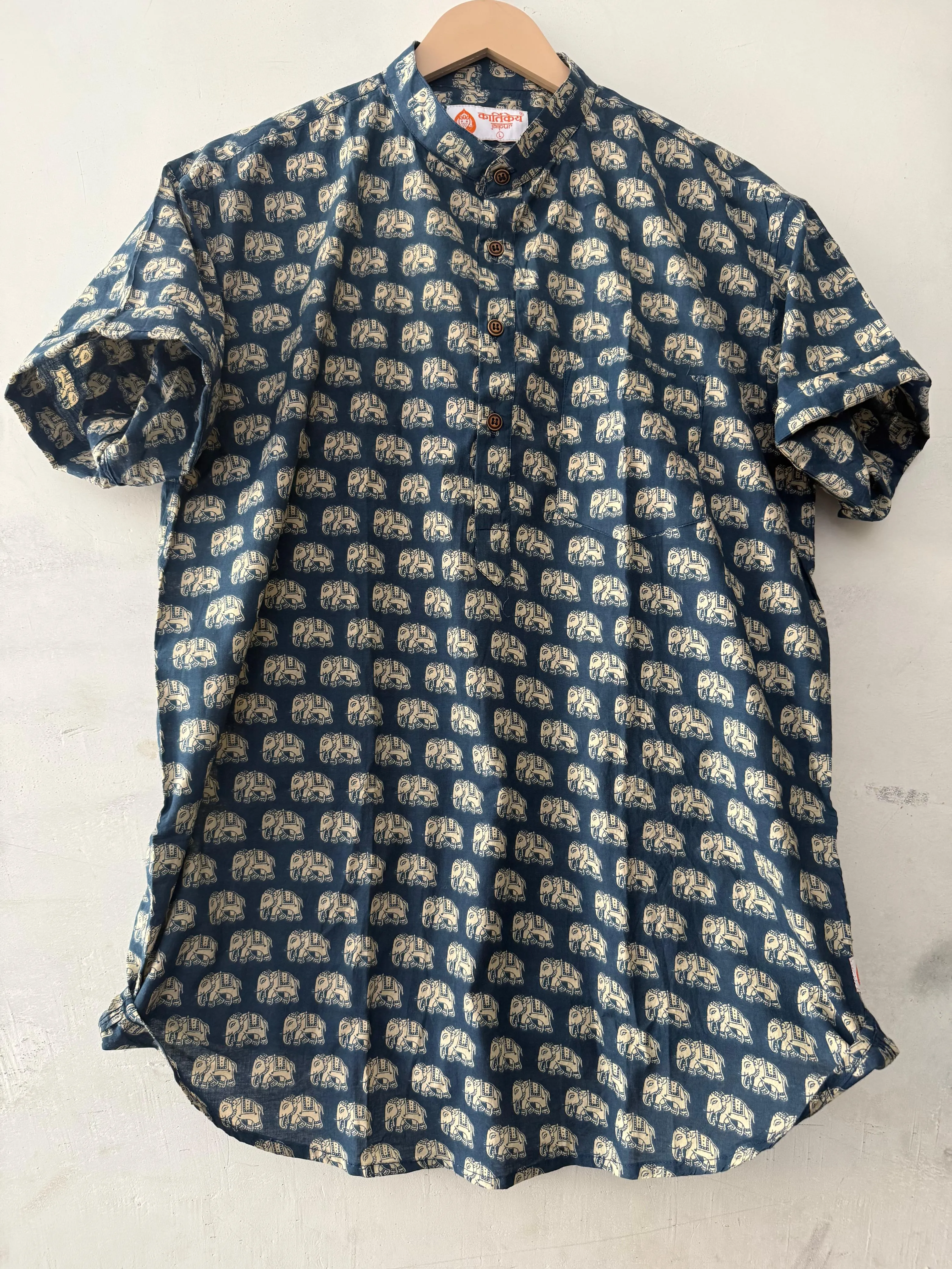 Cute Elephant Print Half Sleeve Cotton Short Kurta for Men