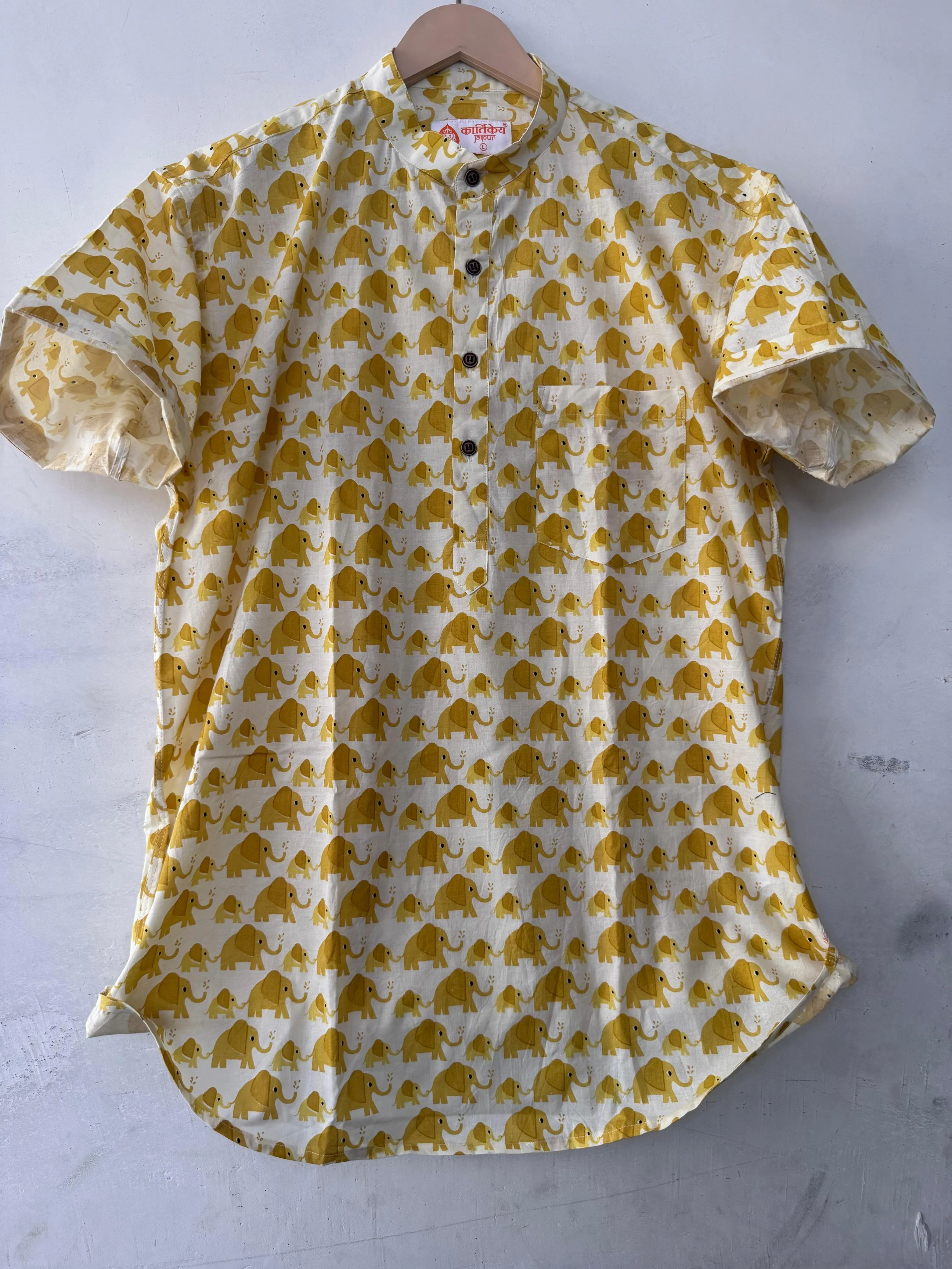 Cute Elephant Print Half Sleeve Cotton Short Kurta for Men