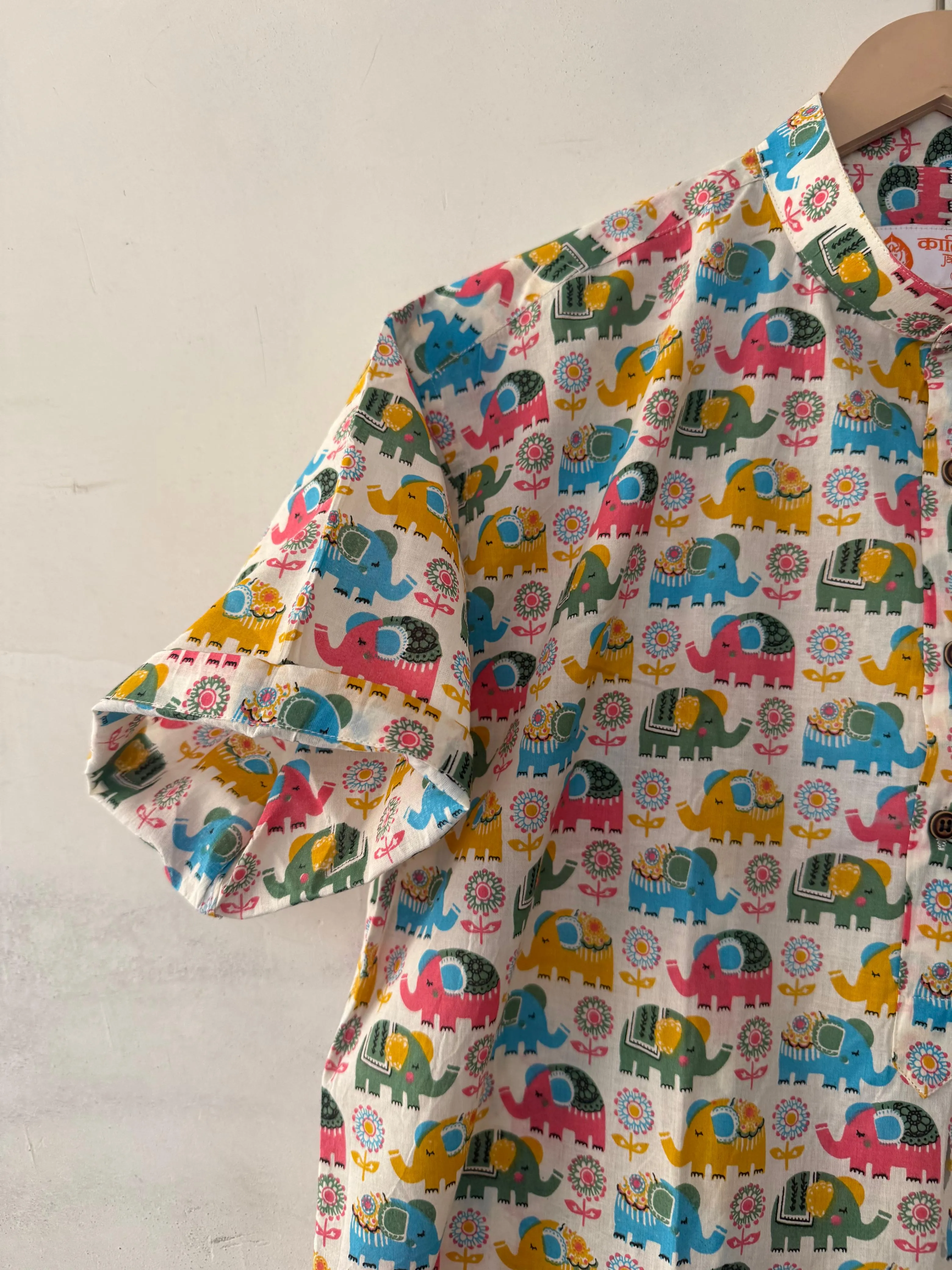 Cute Elephant Print Half Sleeve Cotton Short Kurta for Men