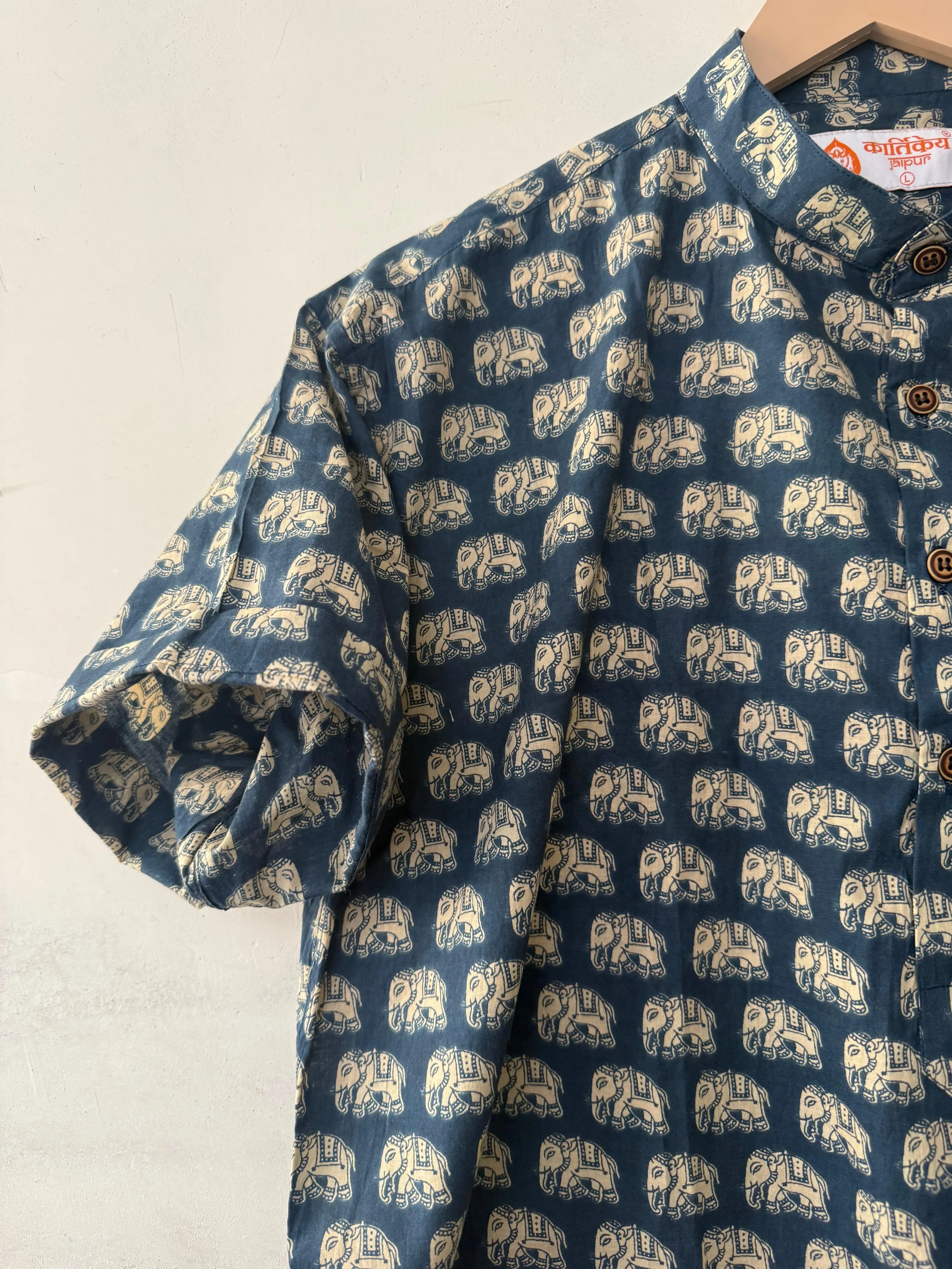 Cute Elephant Print Half Sleeve Cotton Short Kurta for Men