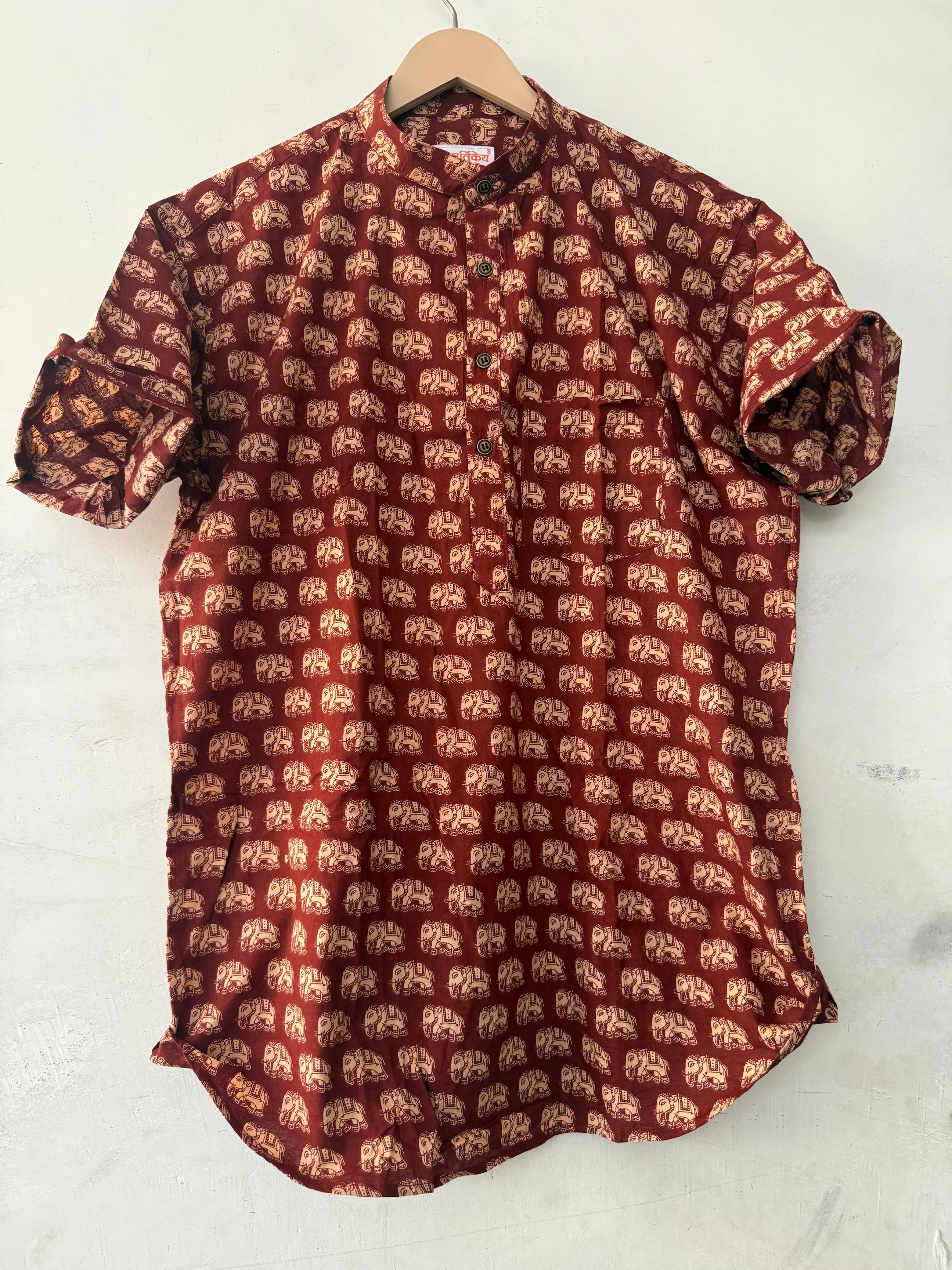 Cute Elephant Print Half Sleeve Cotton Short Kurta for Men