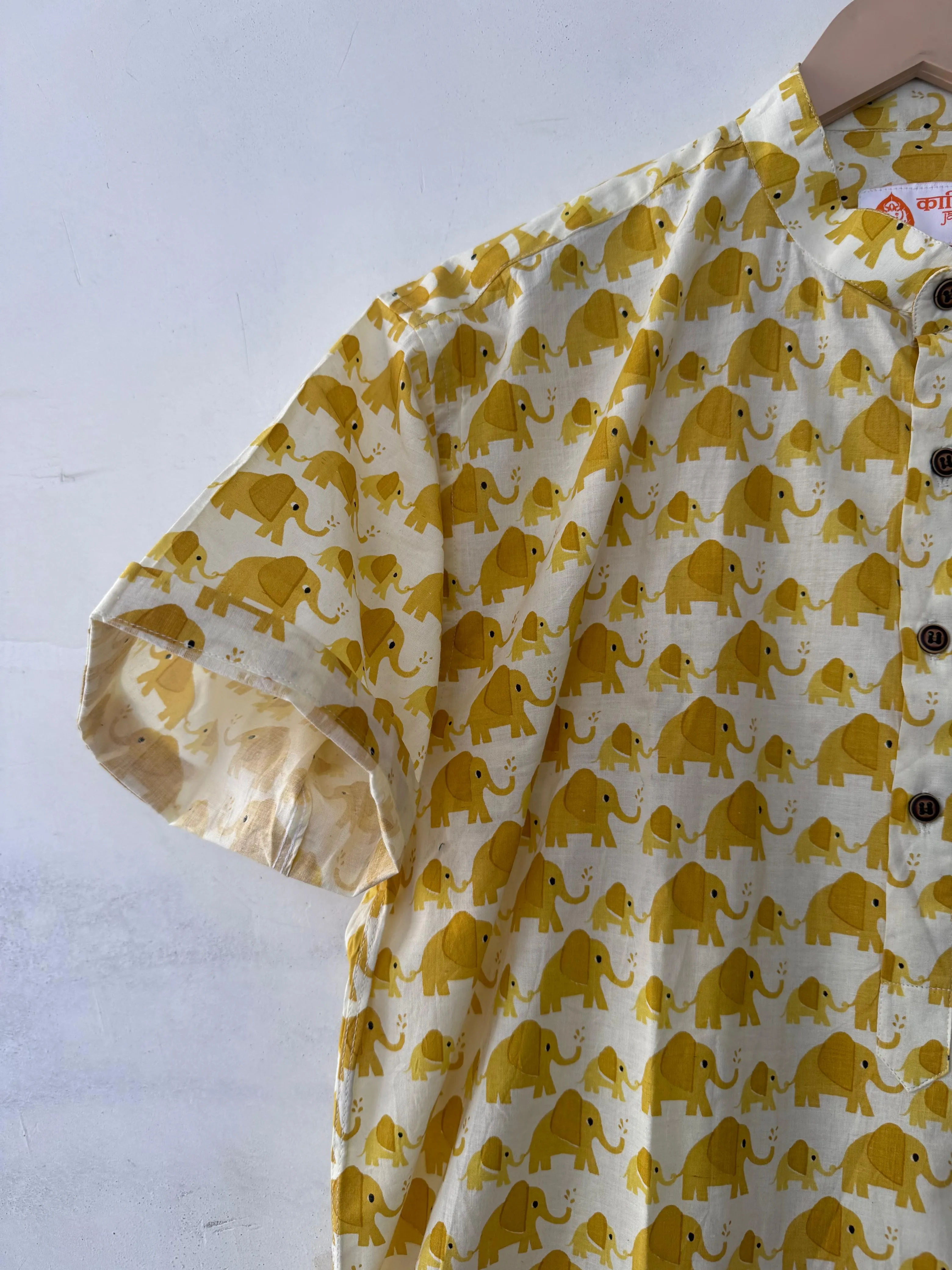 Cute Elephant Print Half Sleeve Cotton Short Kurta for Men