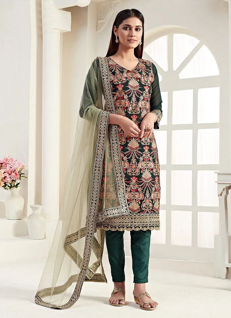 Dark Green Multi Embroidered Pants Style Suit