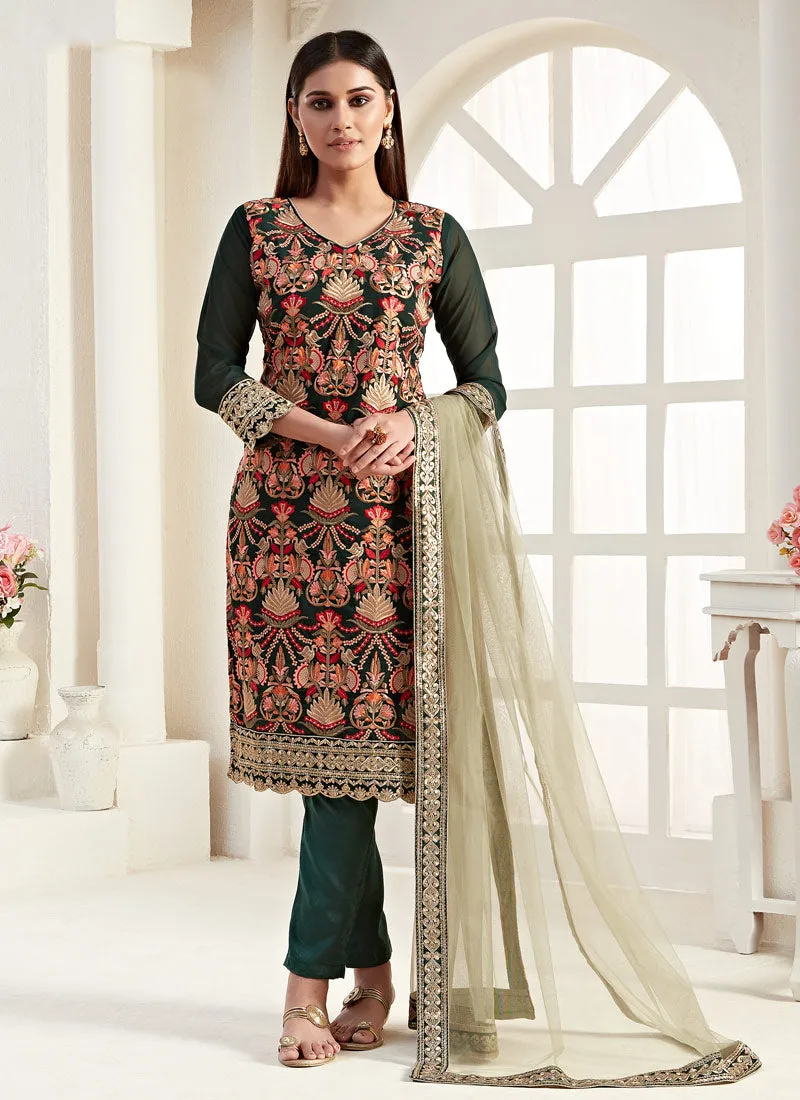 Dark Green Multi Embroidered Pants Style Suit