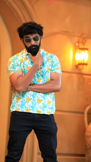 Floral Print Cotton Short Kurta for Men