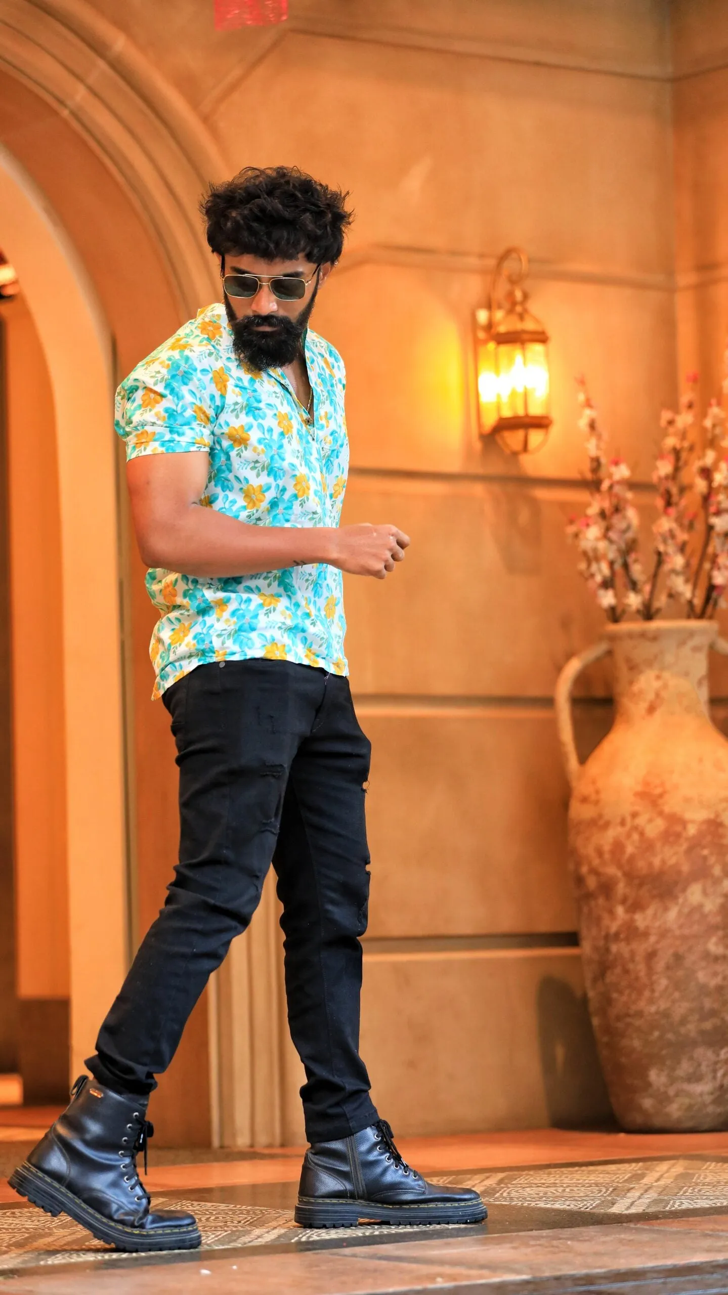 Floral Print Cotton Short Kurta for Men