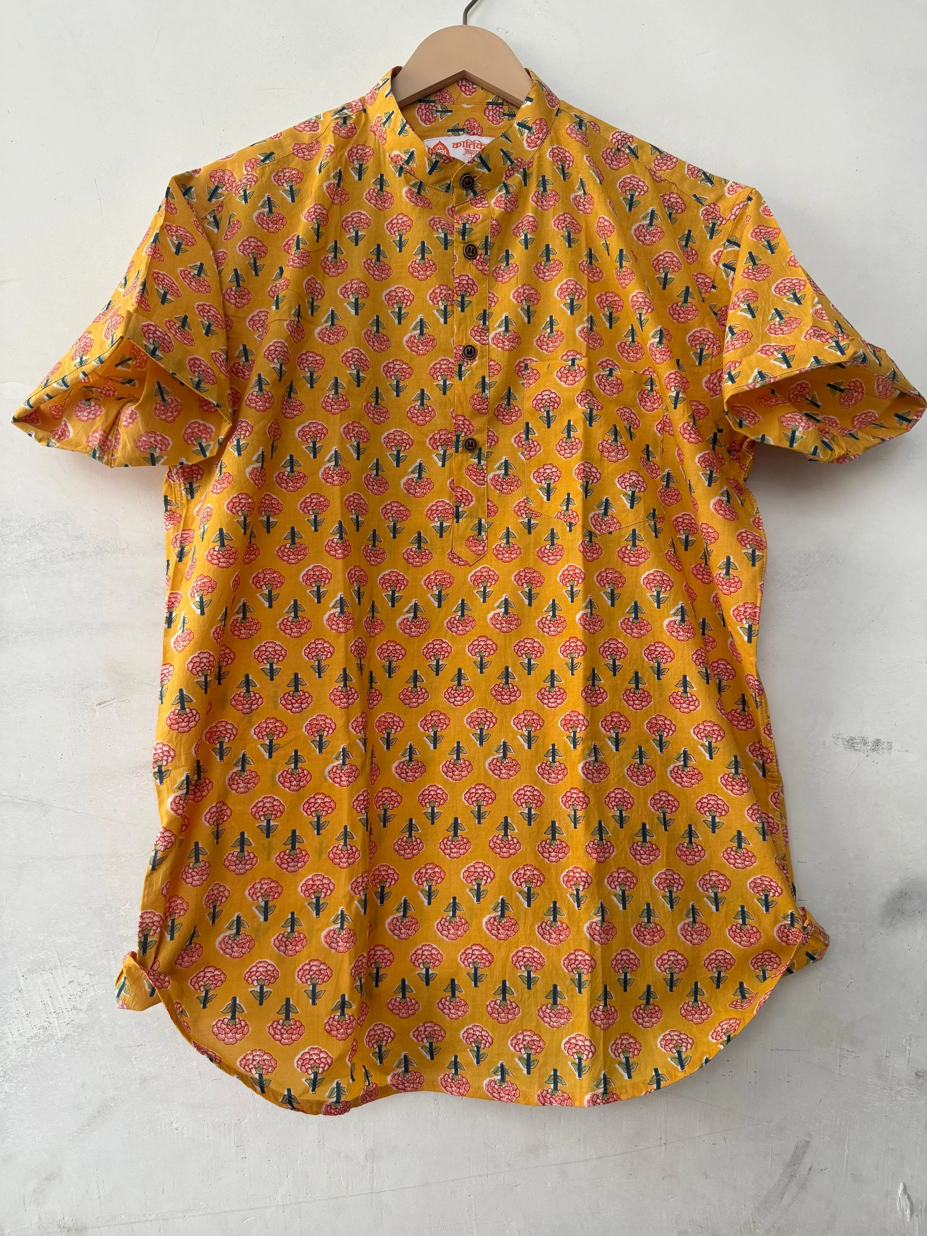 Floral Print Half Sleeve Cotton Short Kurta for Men