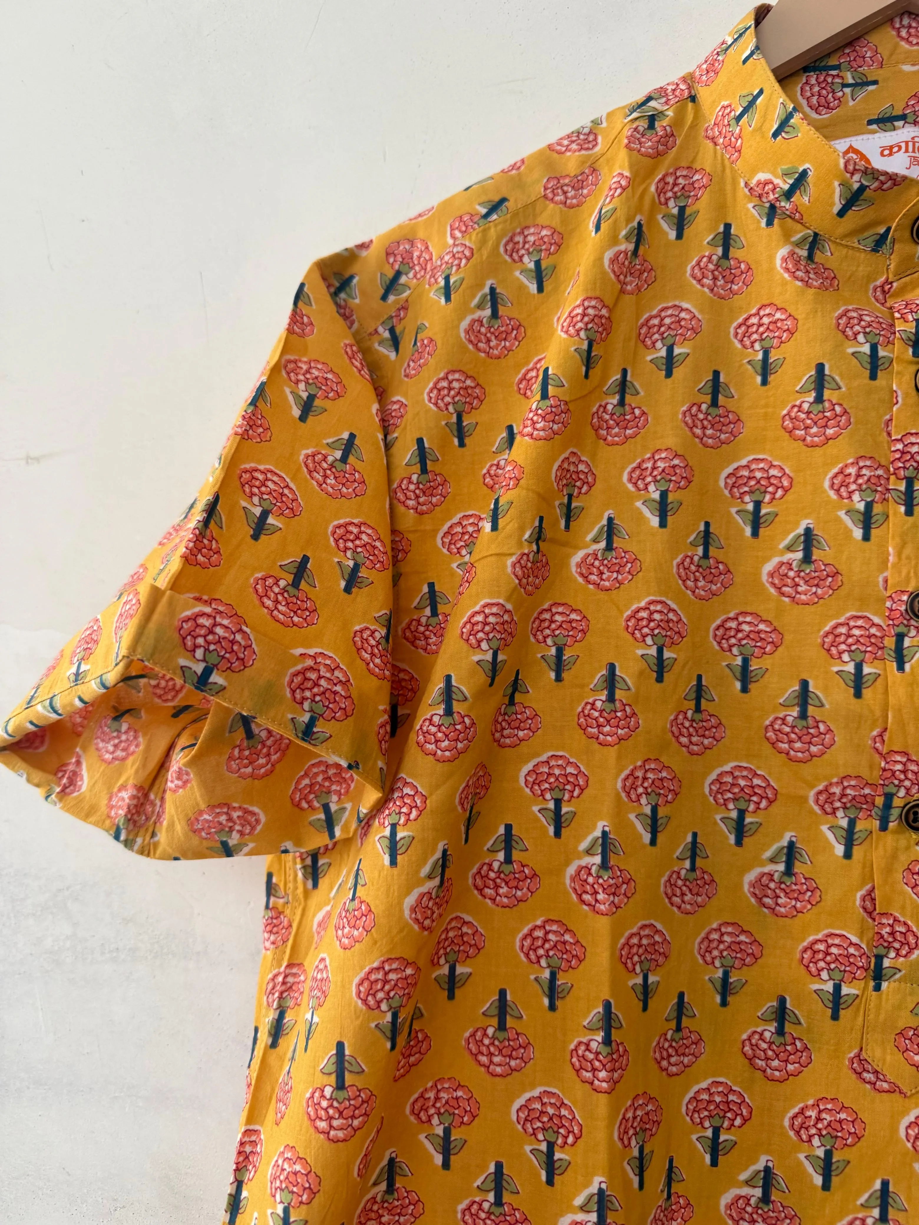 Floral Print Half Sleeve Cotton Short Kurta for Men
