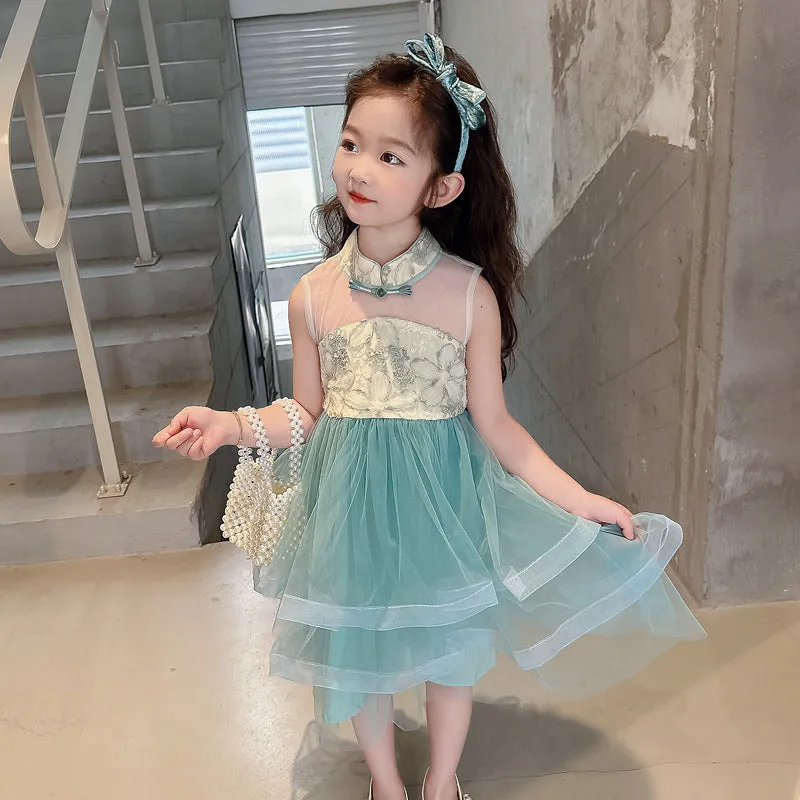 Girls Dress 2025 Summer New Western Style Baby Girl New Chinese Style Buckle Children Sleeveless Umbrella Princess Dress