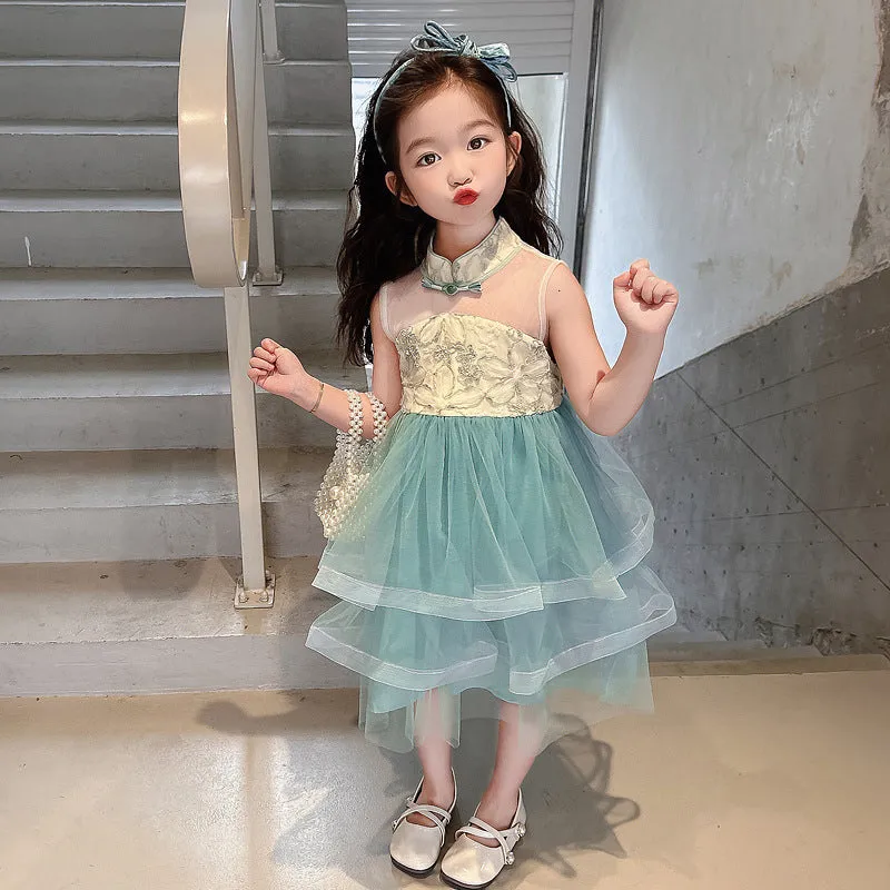 Girls Dress 2025 Summer New Western Style Baby Girl New Chinese Style Buckle Children Sleeveless Umbrella Princess Dress