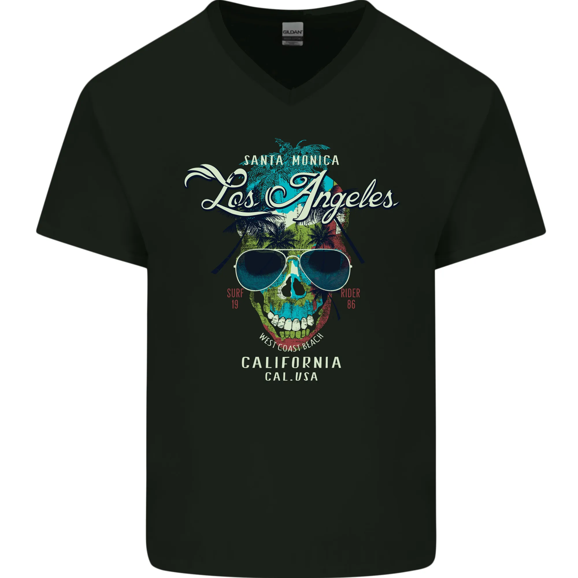 Los Angeles Surf Skull Surfing Mens V-Neck Cotton T-Shirt