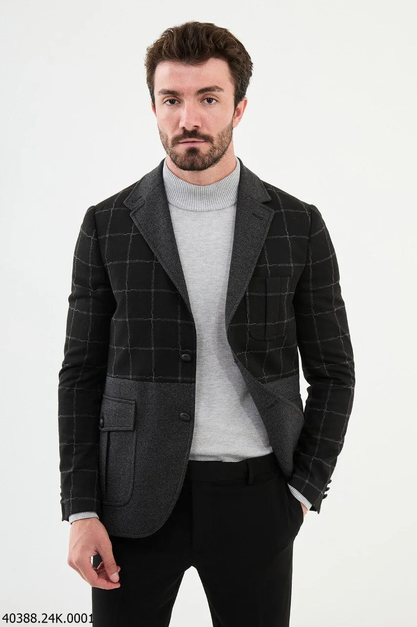 Men's Black & Grey Colour-Blocked Slim Fit Blazer