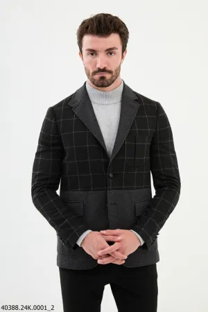 Men's Black & Grey Colour-Blocked Slim Fit Blazer