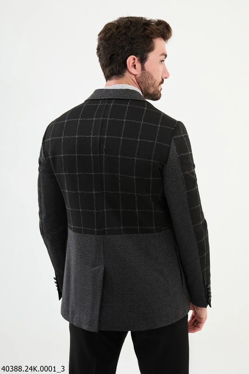 Men's Black & Grey Colour-Blocked Slim Fit Blazer