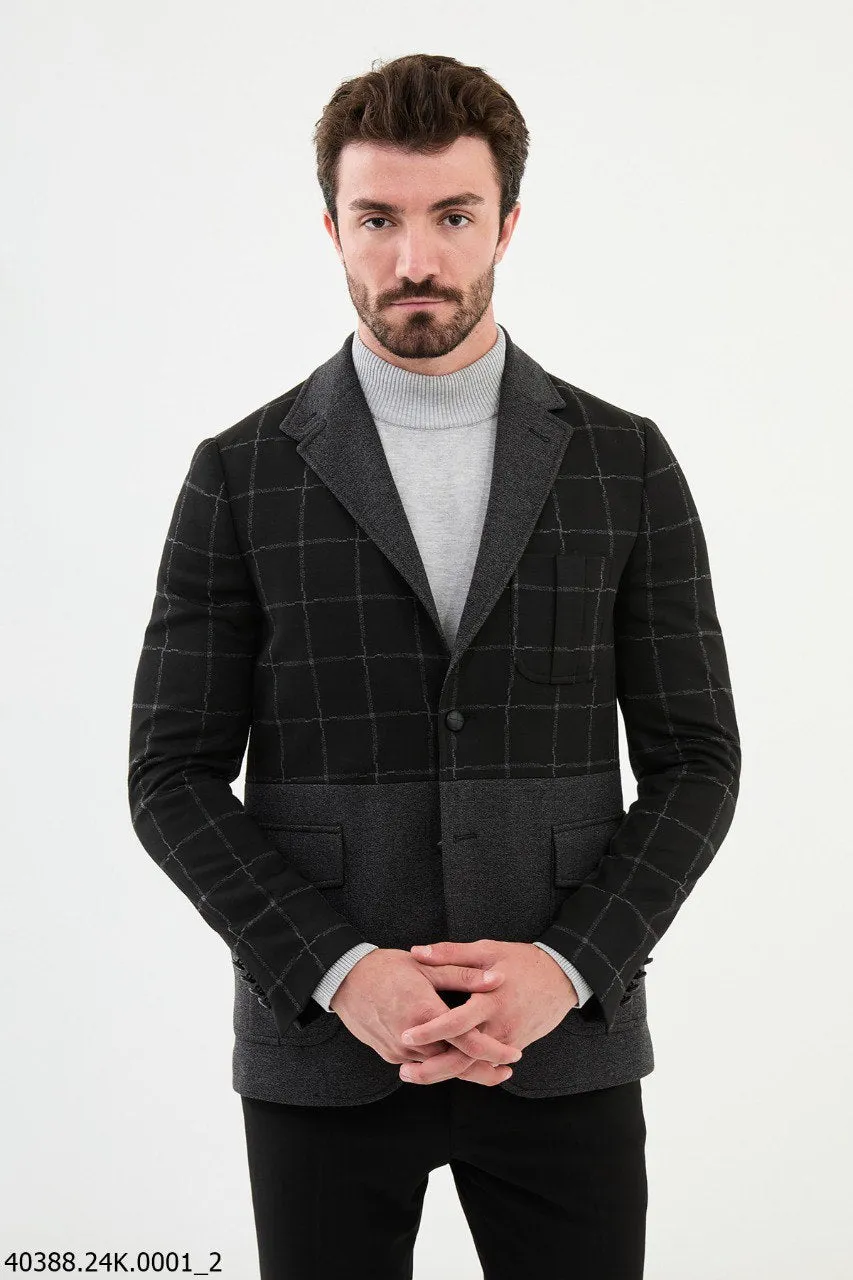 Men's Black & Grey Colour-Blocked Slim Fit Blazer